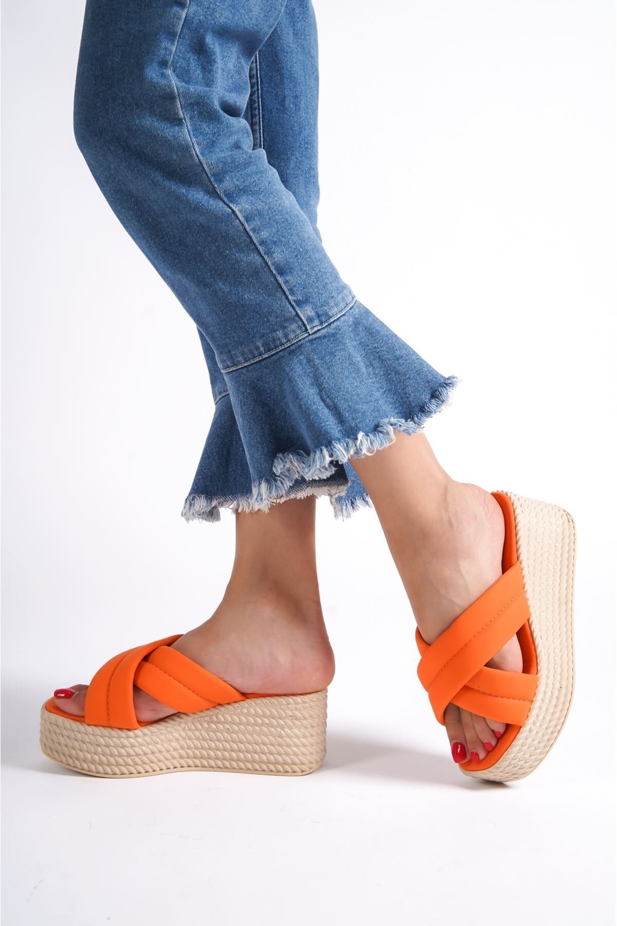 is ipekshoes-Orange Skin Wedge Heel Slippers 2