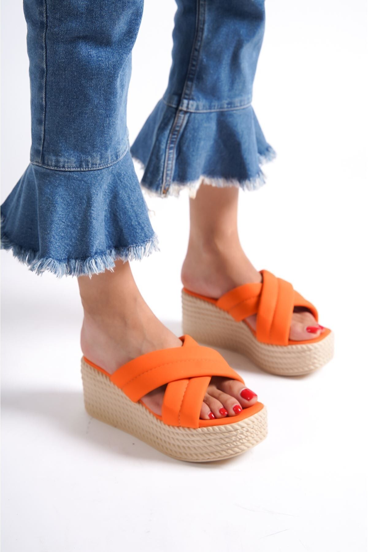 is ipekshoes-Orange Skin Wedge Heel Slippers 1