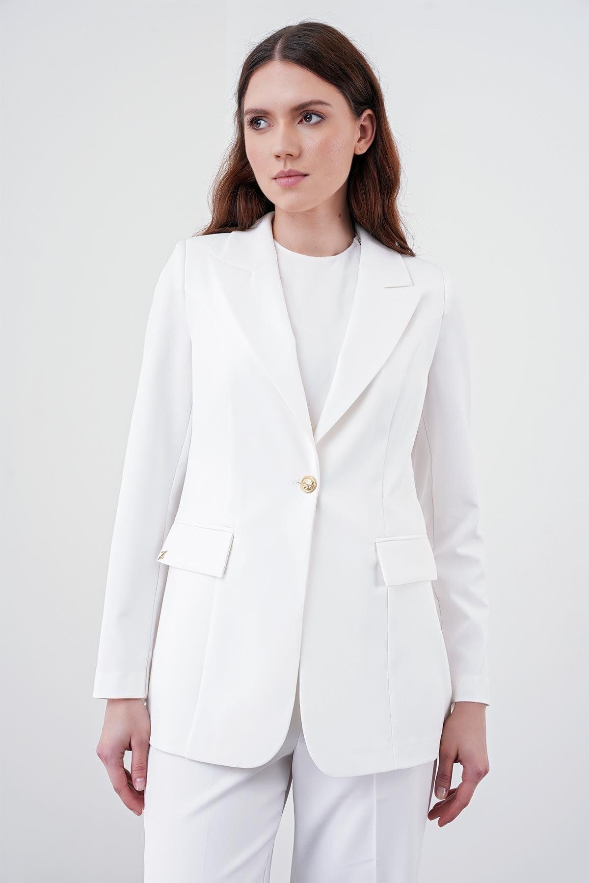 Zühre-Ecru Single Button Double Breasted Blazer Jacket - C-0070 4