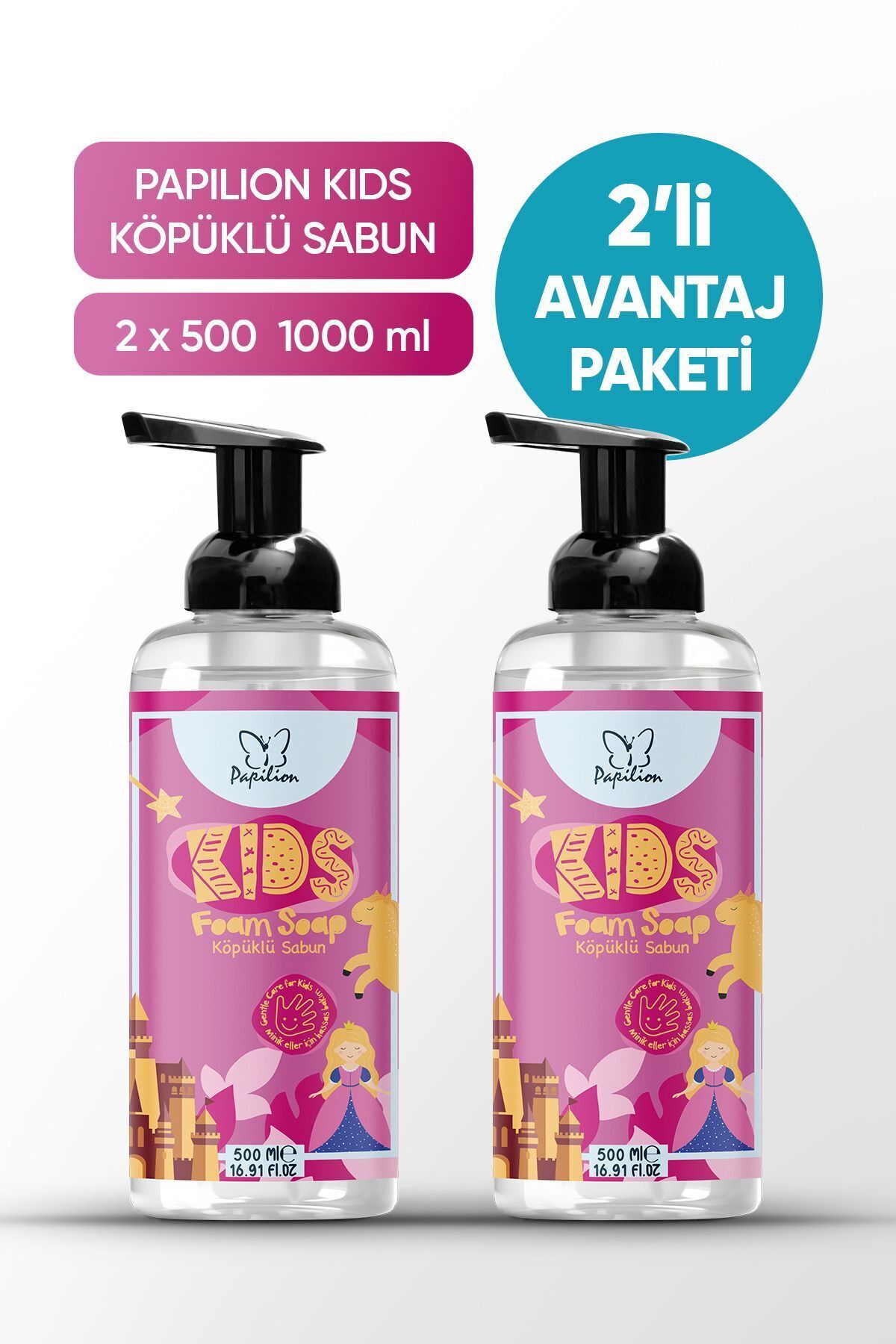 Papilion Kids Pembe Prenses Köpük Sabun Çocuklara Özel 2x500 ml