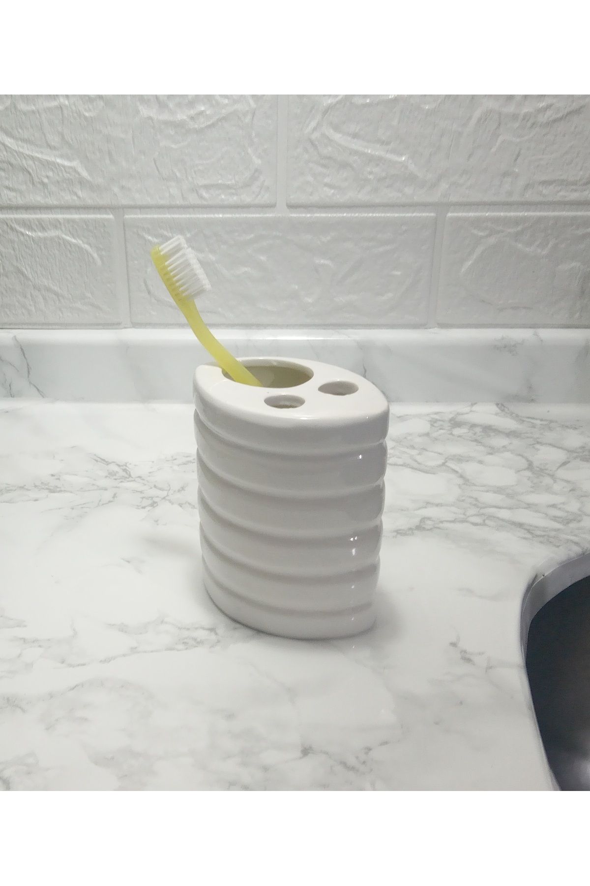 Bosphorus-9X6X11CM Ceramic External Brush Holder Oval Striped Bathroom Set 2