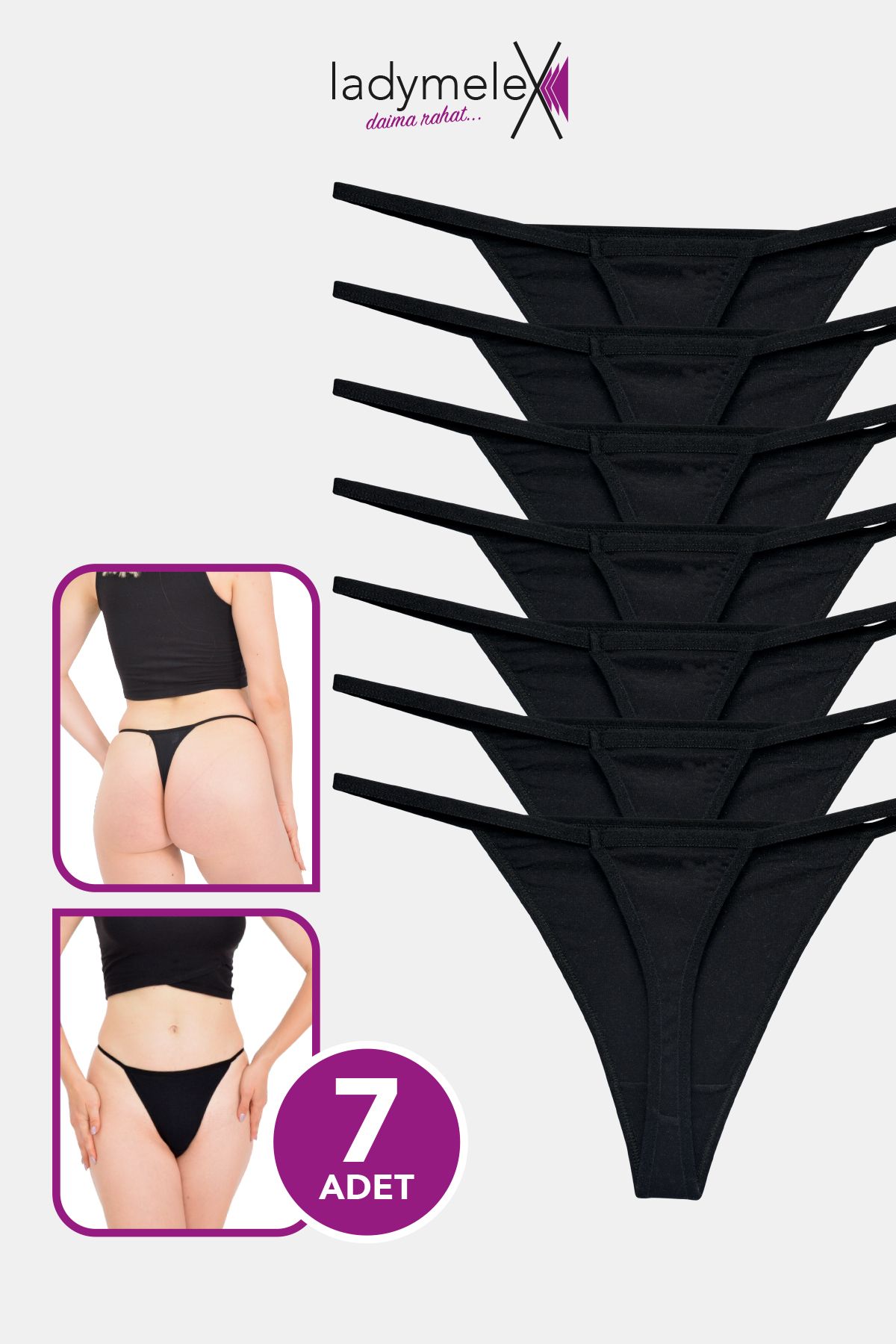 LadyMelex-Black Women's Thong - 100% Soft Cotton, g String Design, 7 Pieces (S-M-L-Xl) 1