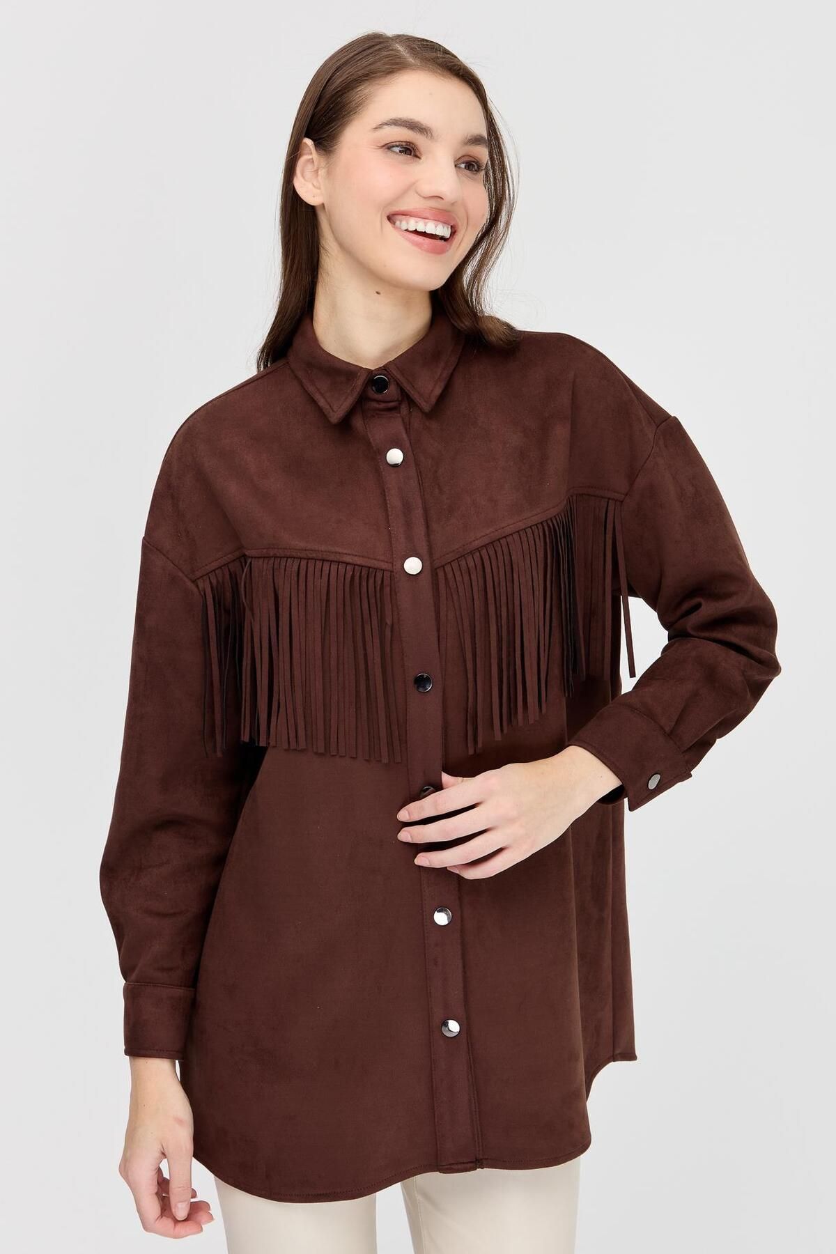 accort-Suede Shirt Jacket - Tasseled Front, Brown 3