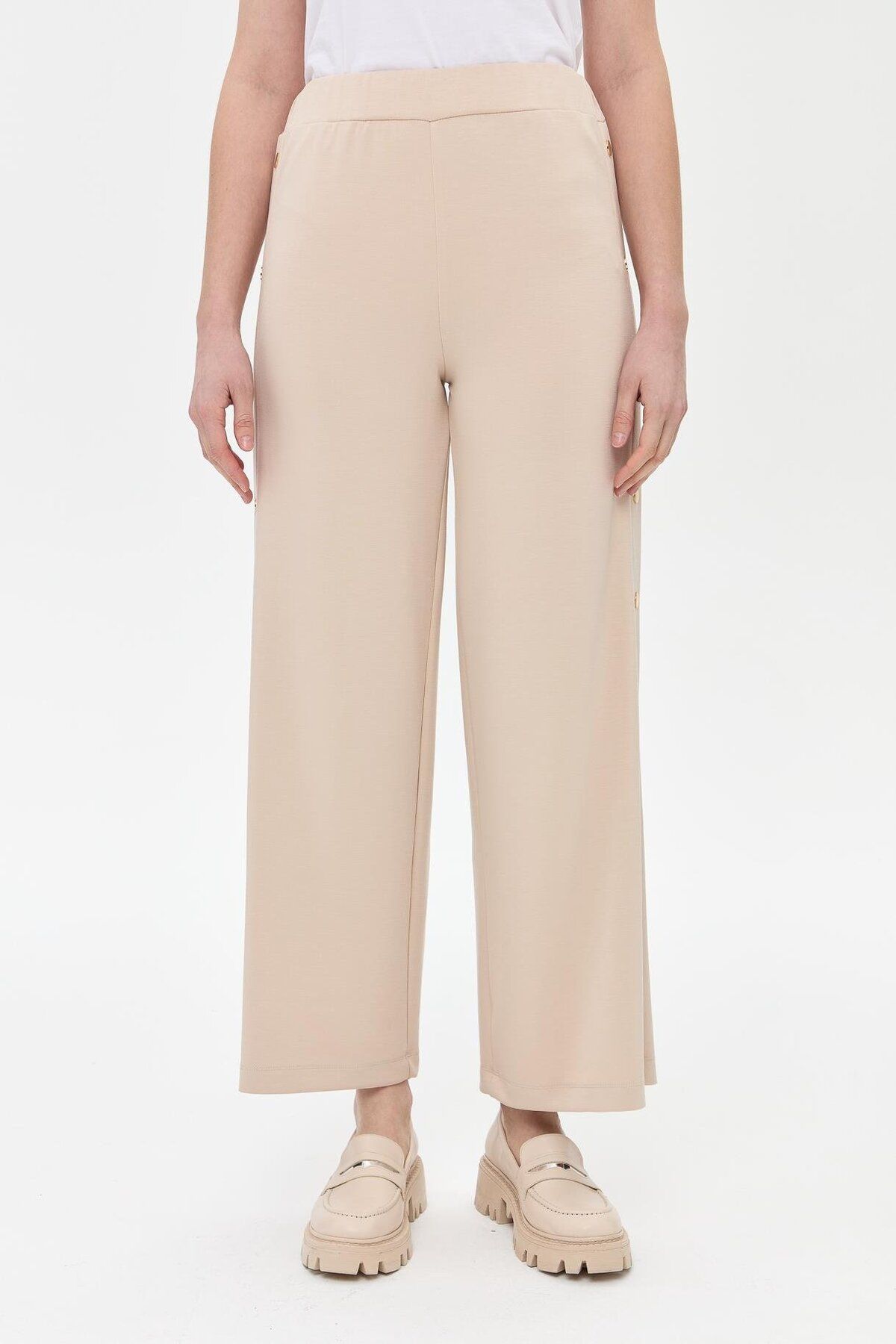 accort-Beige Modal Trousers - Side Button Detail 4