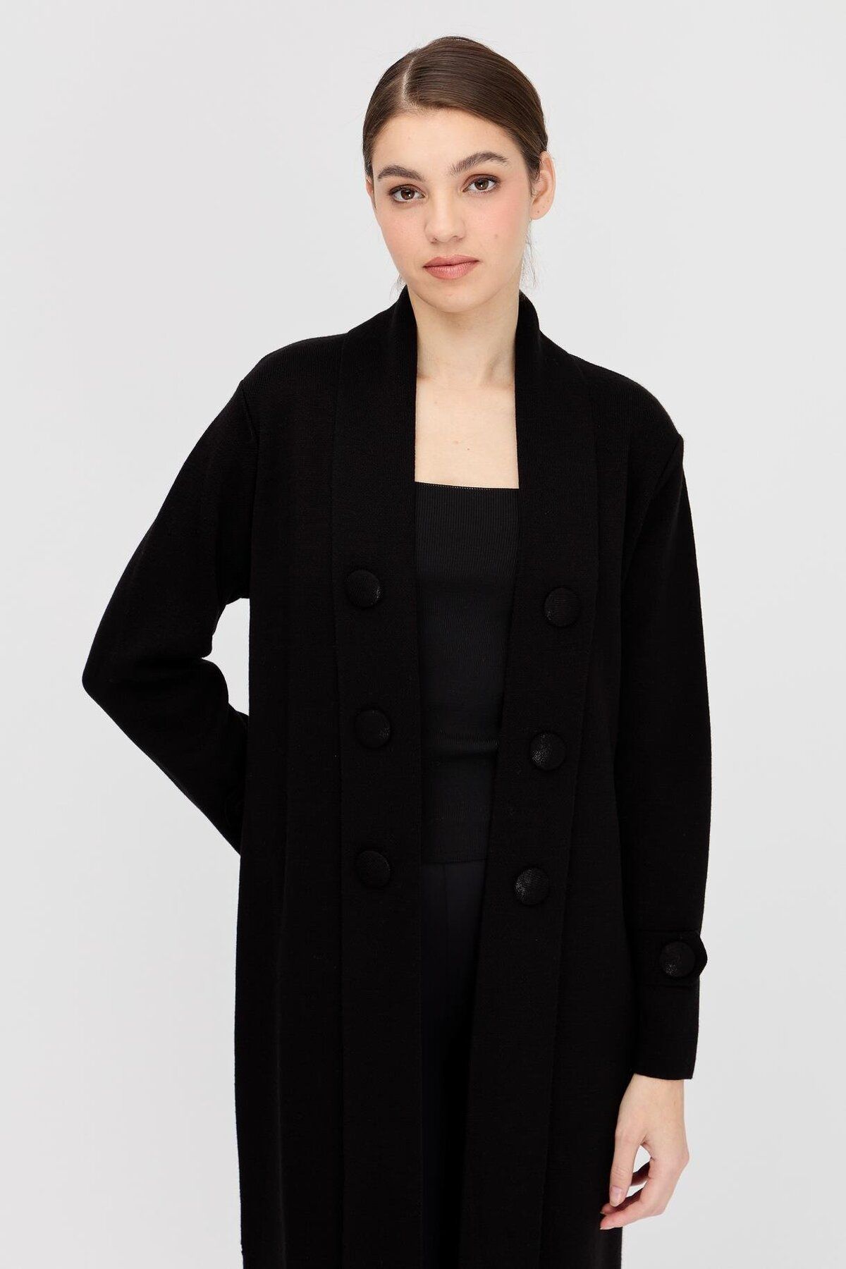 accort-Shawl Collar Long Knitwear Cardigan - Black 7