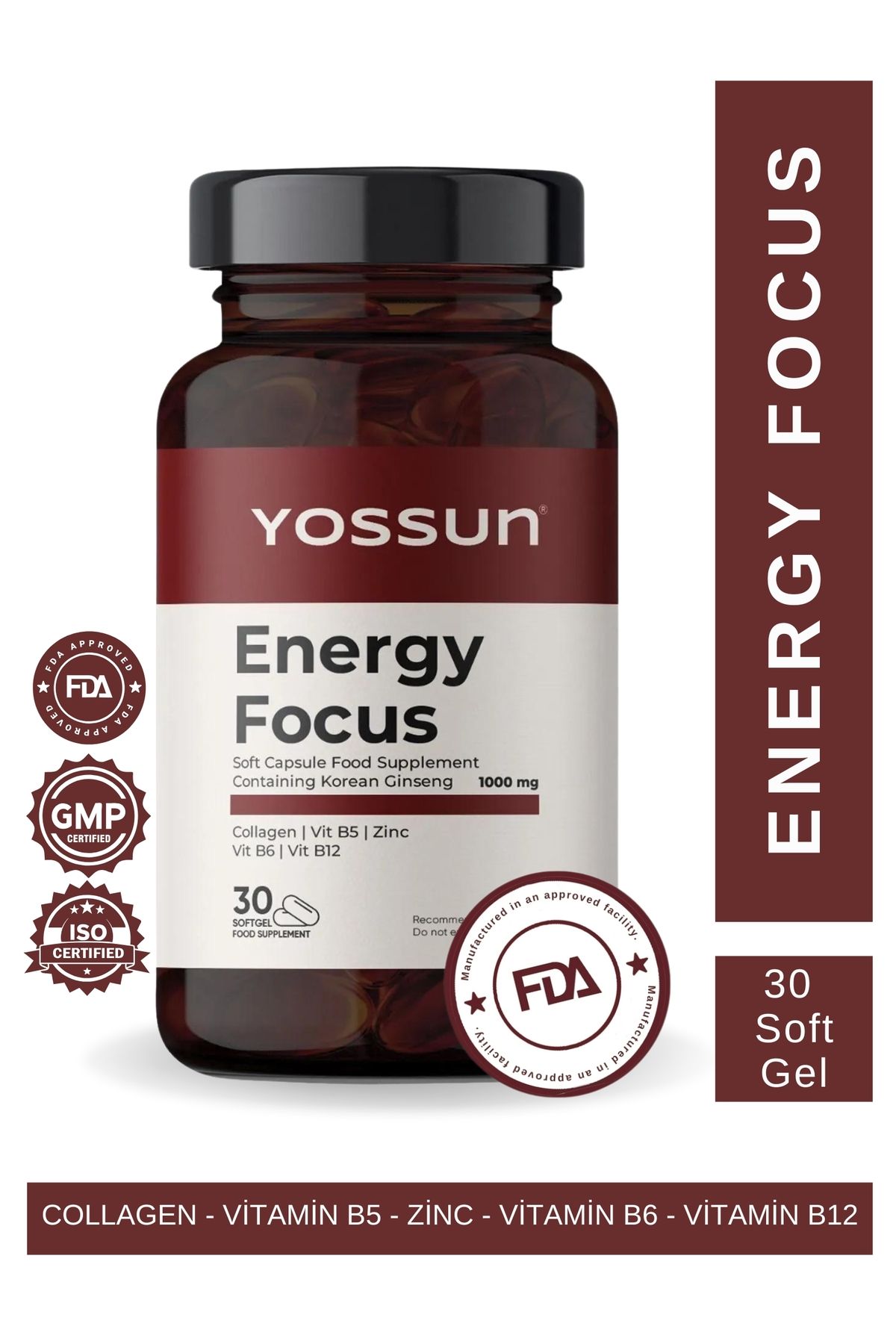 yossun ENERGY FOCUS Kore Ginsengi İçeren Yumuşak Kapsül Takviye Edici Gıda