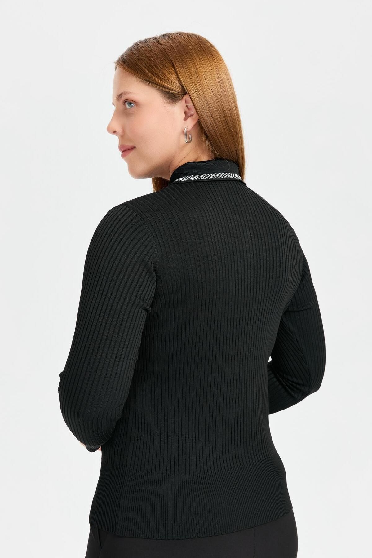 accort-Large Size Ribbed V-Neck Sweater - Black 7