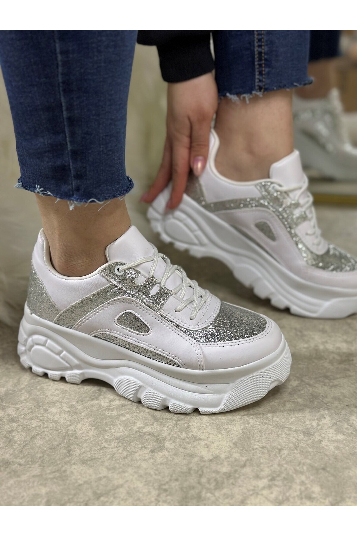 Nstil-Pantofi sport de zi cu zi pentru femei, albi, cu sclipici, cu talpă înaltă, cu șireturi, pantofi comozi, ușori 001 3
