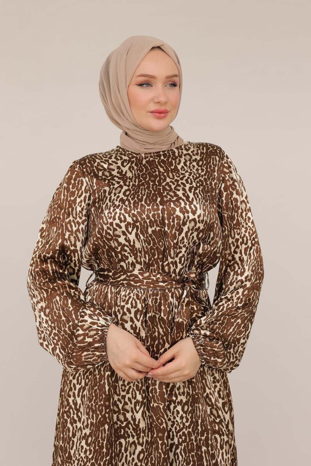 Armine-Armine Trend Leopard Print Waist Belt Dress Brown 24Kt904 2