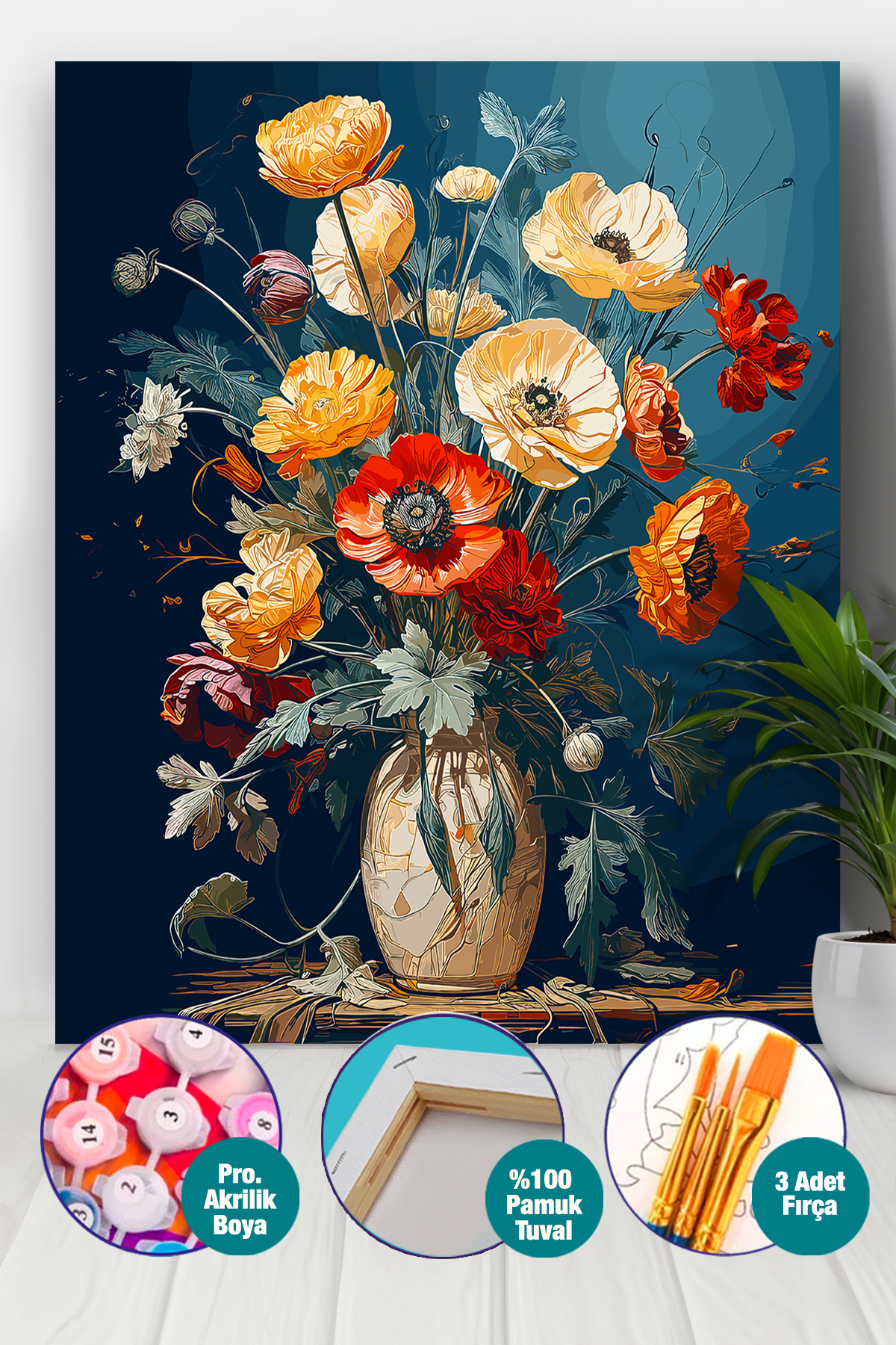 Picasso World Hobby Art Sayılarla Boyama Numaralı Tuval Seti Fırça Boya Dahil 40x50 Cm Vazoda Gelincikler