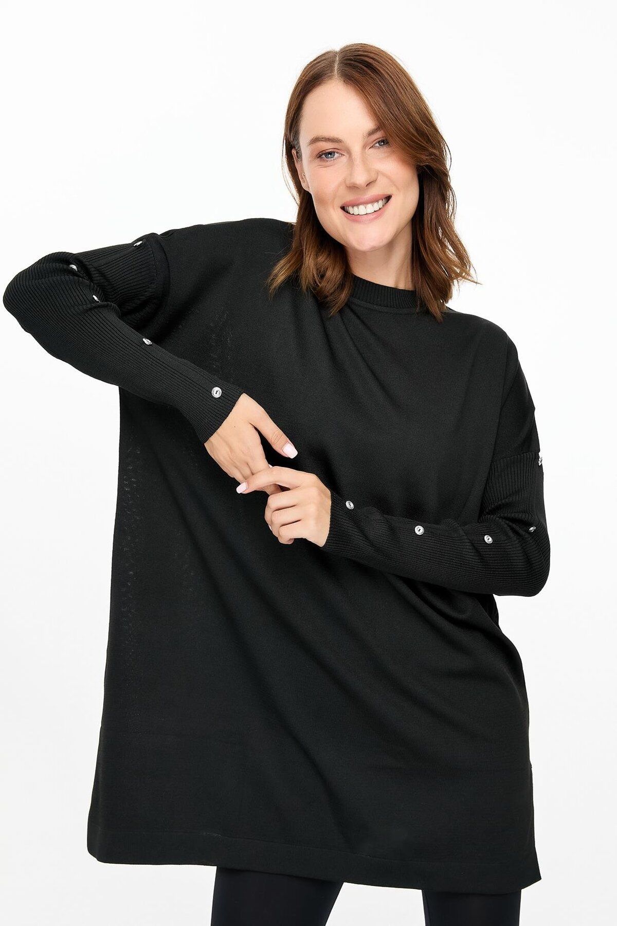 accort-Buttoned Sleeve Knitwear Tunic - Black 6