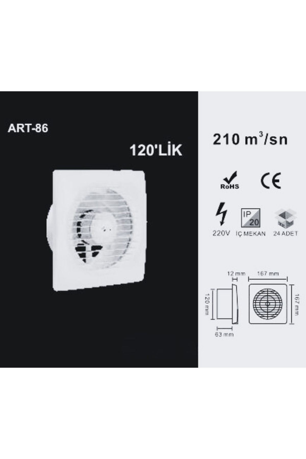 Artı Led 120lik Banyo Tuvalet Aspiratör Havalandırma Fanı 12cm