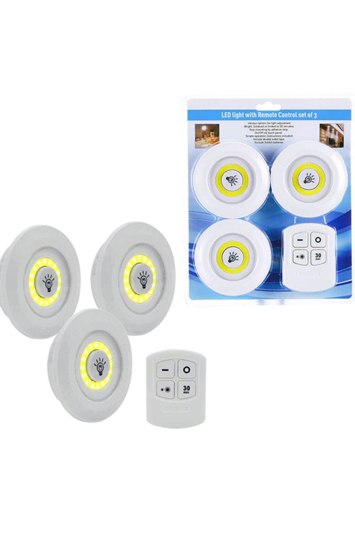 Light up 3lü Uzaktan Kumandalı Yapışkanlı Kablosuz Led Spot Lambalar