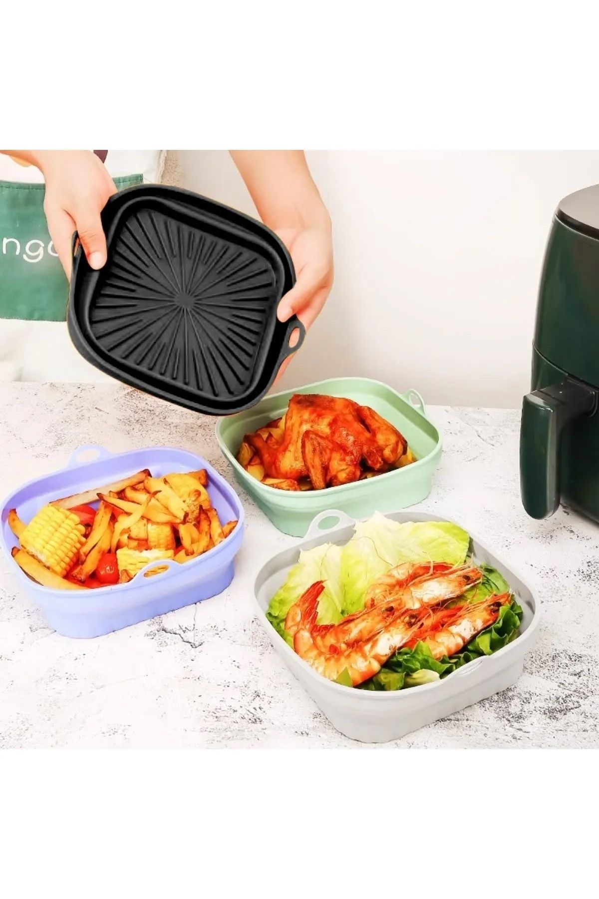 Mu Art Katlanabilir Silikon Yanmaz - Yıkanabilir Airfryer Kalıbı 21 Cm