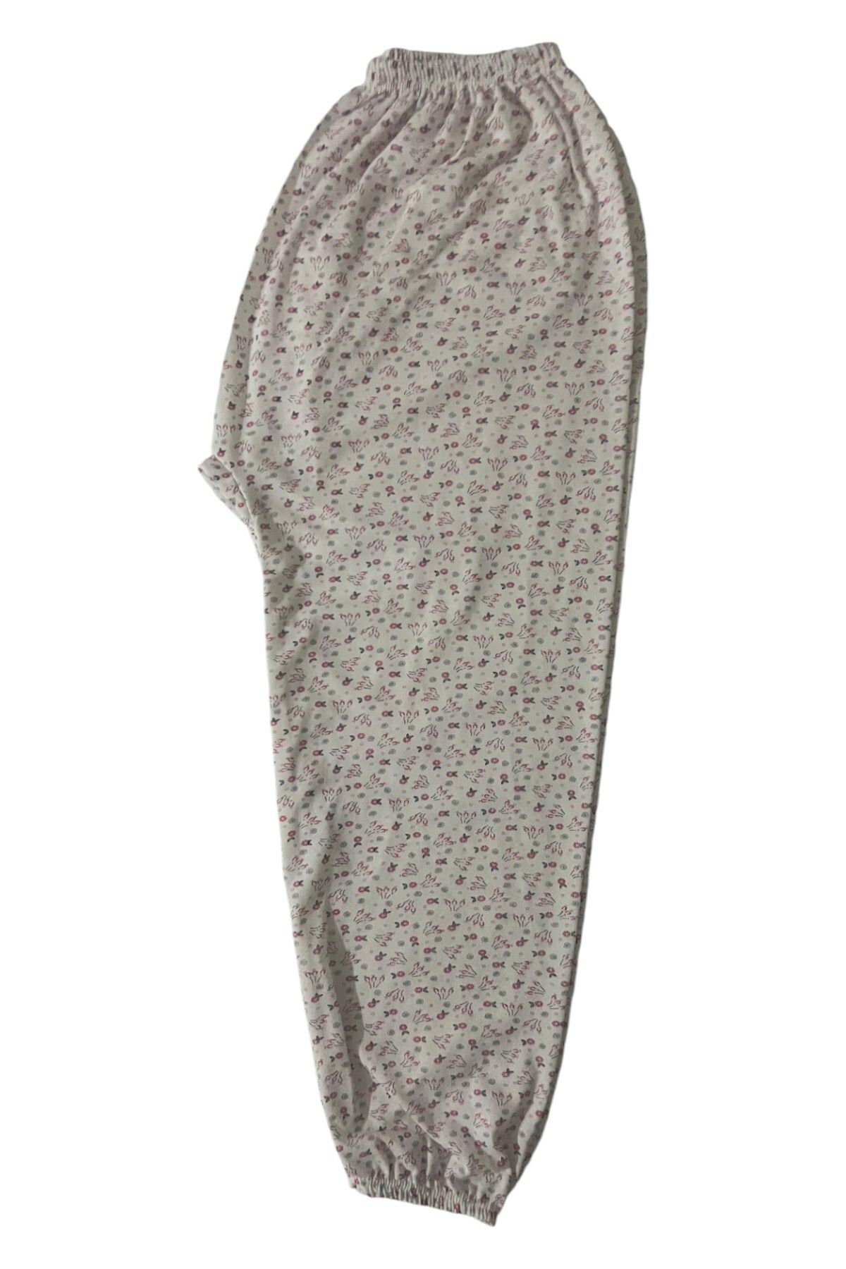 SİERNA Kadın Kışlık Anne Desenli Uzun Beli Lastikli Penye Pijama Altı Bilek Lastikli Beyaz