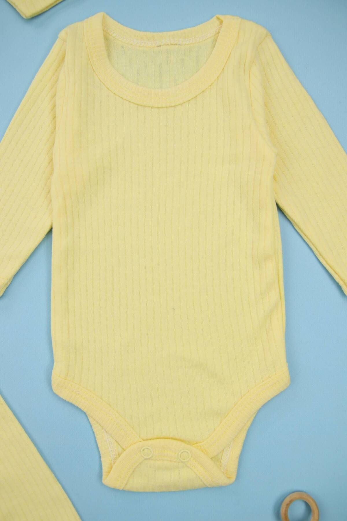 Lindakids-Twill 100% Cotton Long Sleeve Snap Fastener 3-Piece Yellow Baby Bodysuit 4