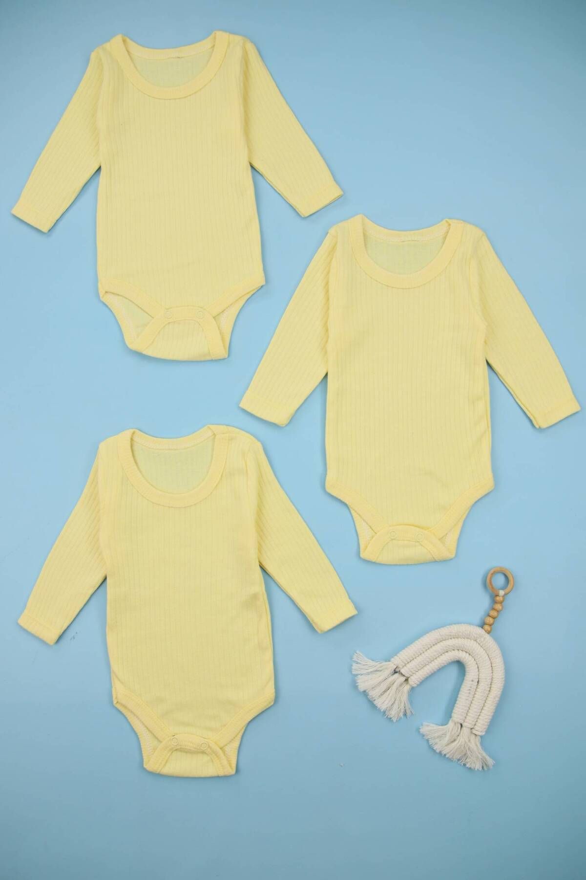 Lindakids-Twill 100% Cotton Long Sleeve Snap Fastener 3-Piece Yellow Baby Bodysuit 3