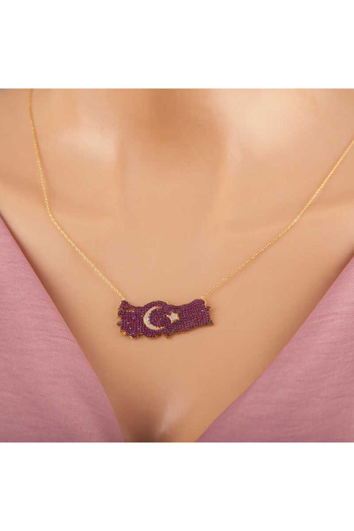 SANSERA 925 Ayar Gümüş Gold Ay Yıldız Türkiye Haritası Kadın Kolye