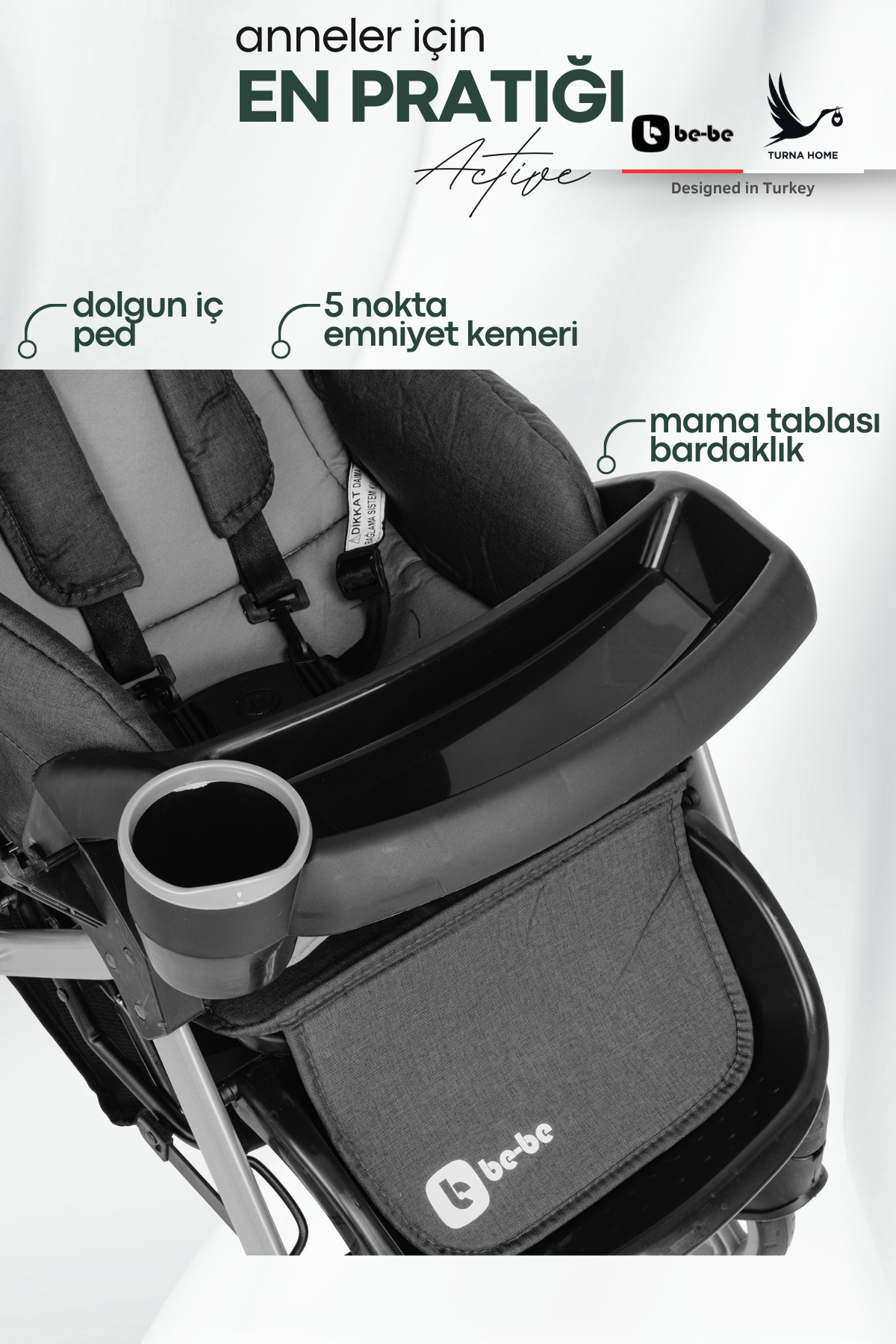 4 Baby Be-be Turnahome Active Çift Yönlü Tam Yatış Pozisyonlu Pratik Katlanır Mama Tablalı Bebek Arabası fotoğrafı 5 (önizleme)