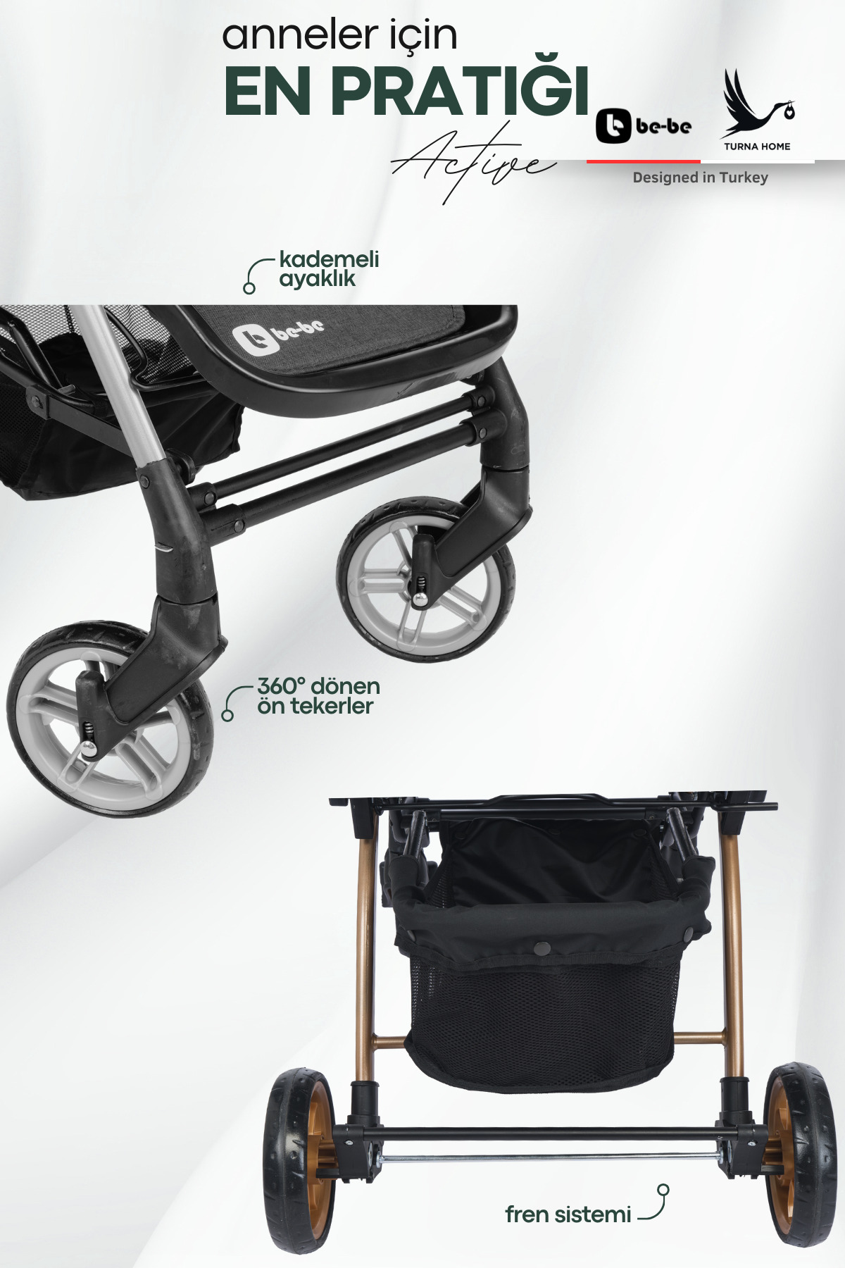 4 Baby Be-be Turnahome Active Çift Yönlü Tam Yatış Pozisyonlu Pratik Katlanır Mama Tablalı Bebek Arabası fotoğrafı 7 (önizleme)