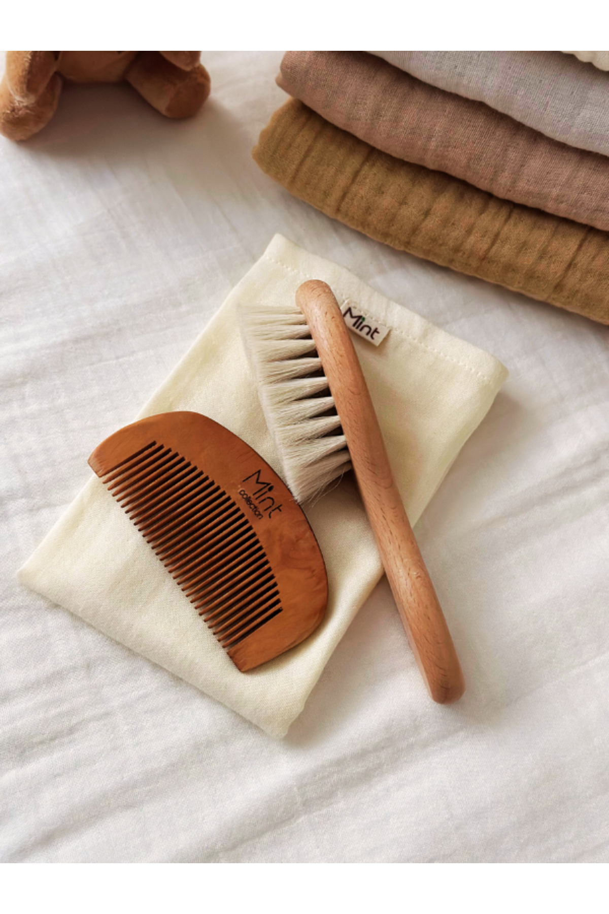 MİNT COLLECTİON-Goat Hair Baby Hair Brush and Comb Set Mint Collection 2
