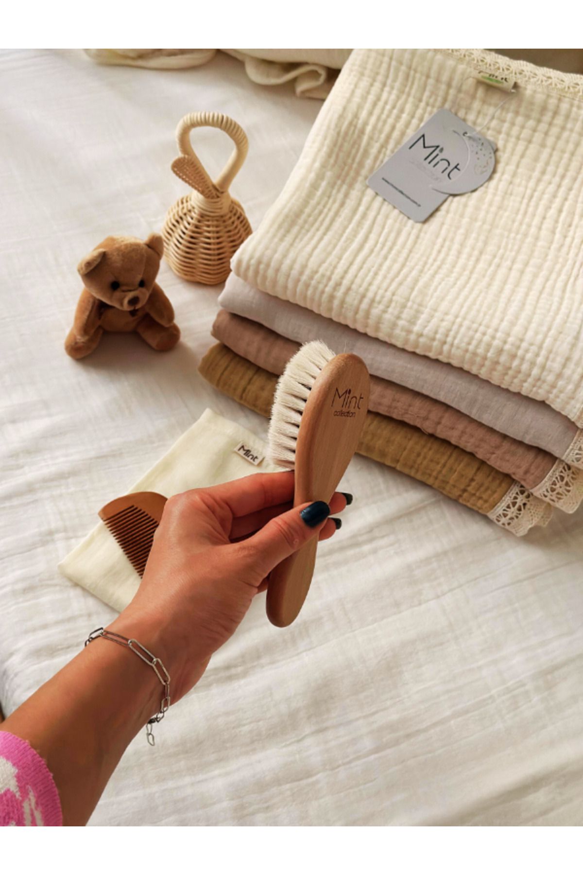 MİNT COLLECTİON-Goat Hair Baby Hair Brush and Comb Set Mint Collection 5