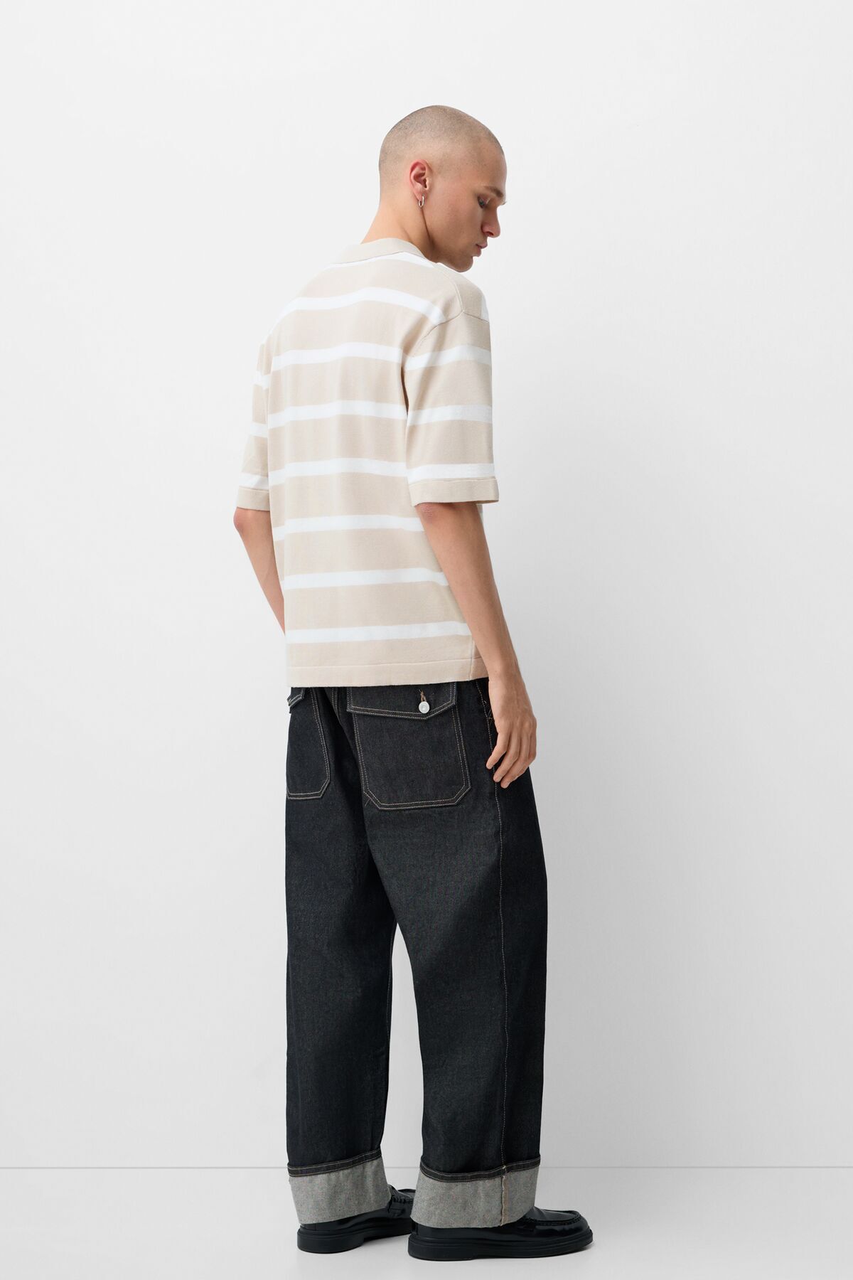 Bershka-Striped Texture Polo Collar T-Shirt 3