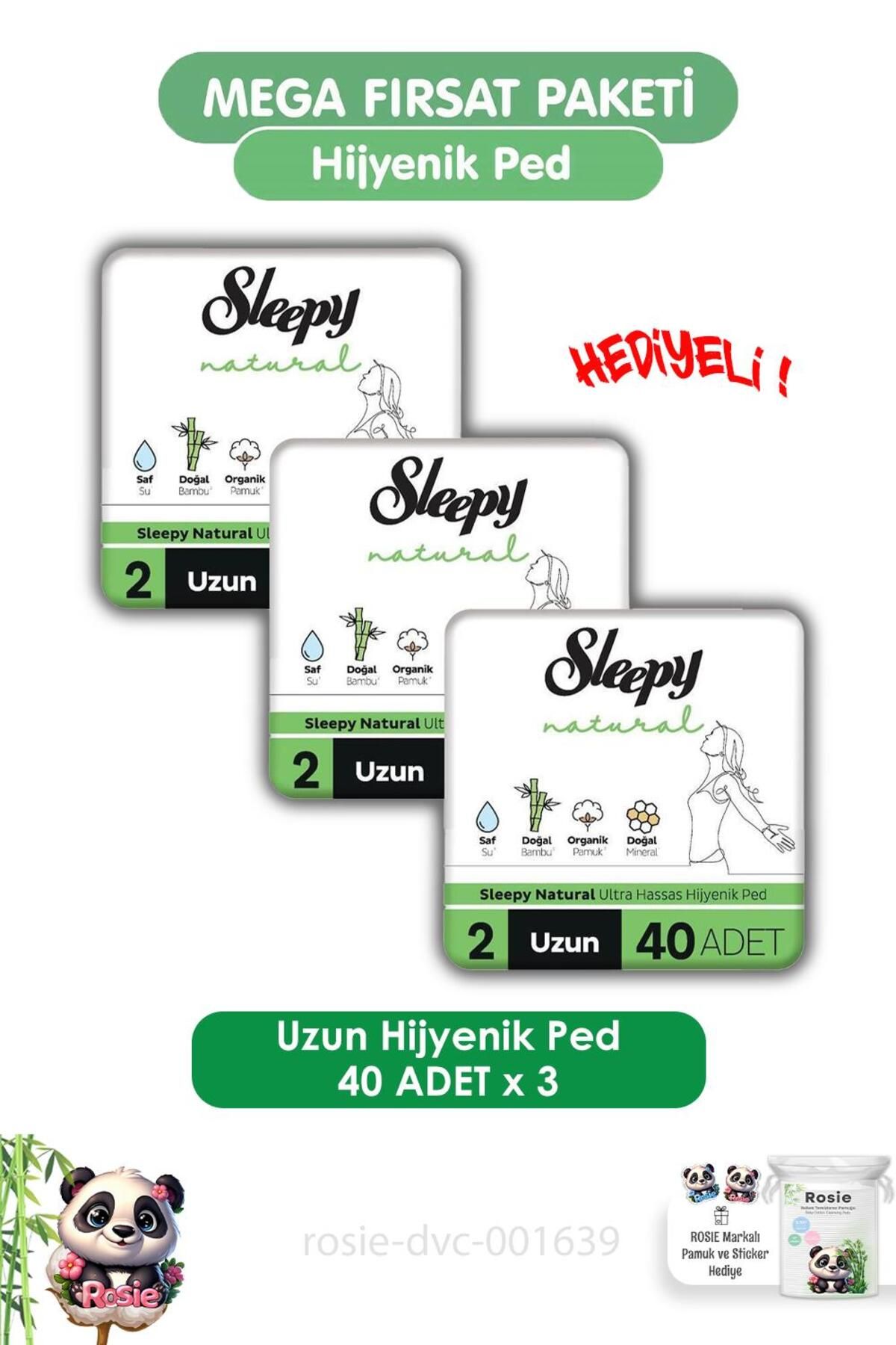 Sleepy Natural Ultra Hassas Hijyenik Ped Mega Fırsat Paketi Uzun 120 Adet ve ROSIE