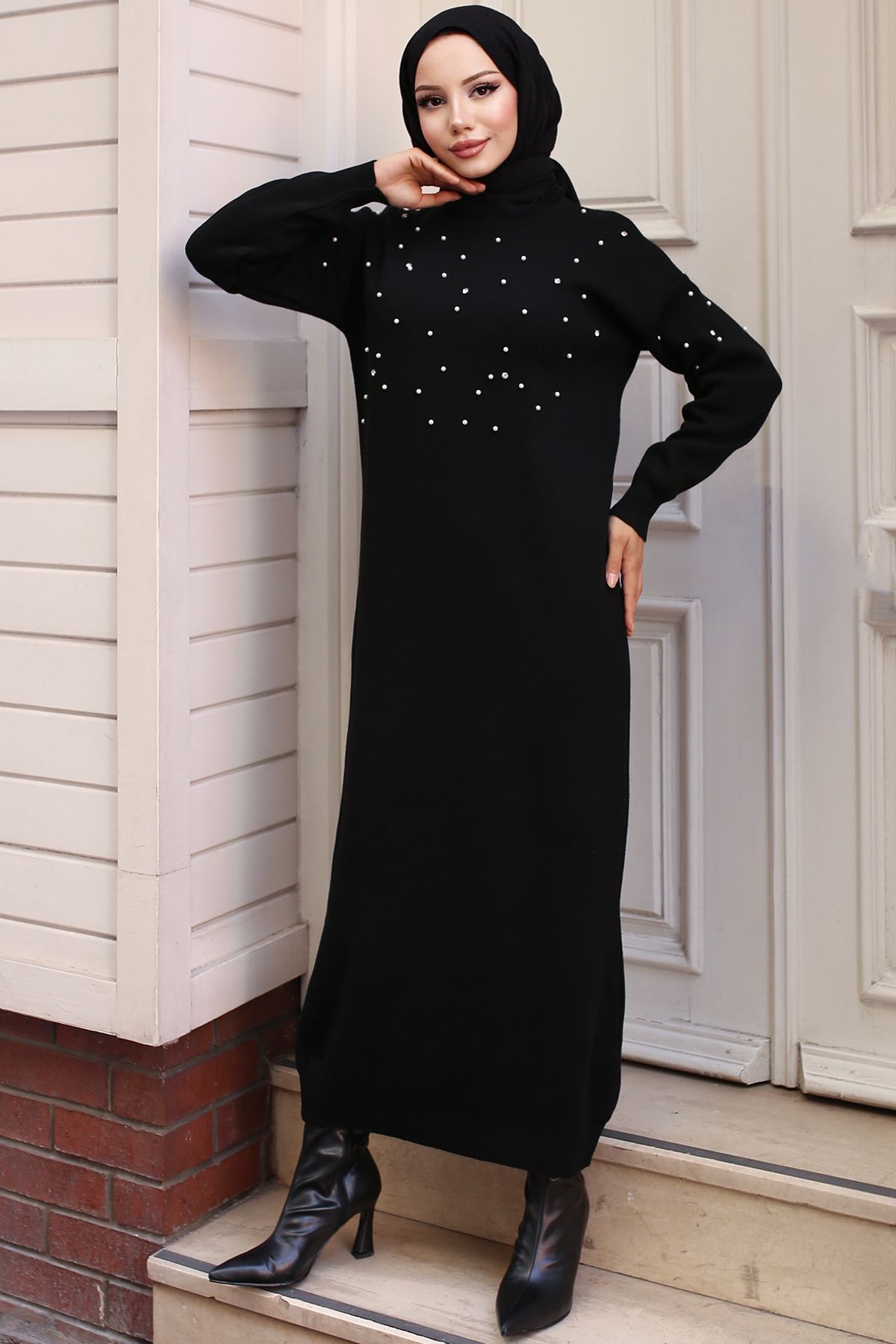 benguen-6079 Black Knitwear Dress - Pearl Detailed 1