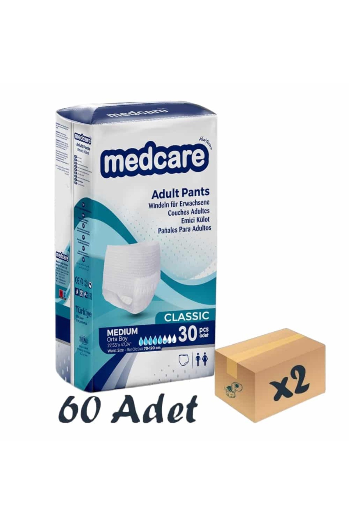 MEDCARE Classic Emici Külot Yetişkin Hasta Bezi 5,5 Damla Medium M Beden 30'lu 2 Paket 60 Adet