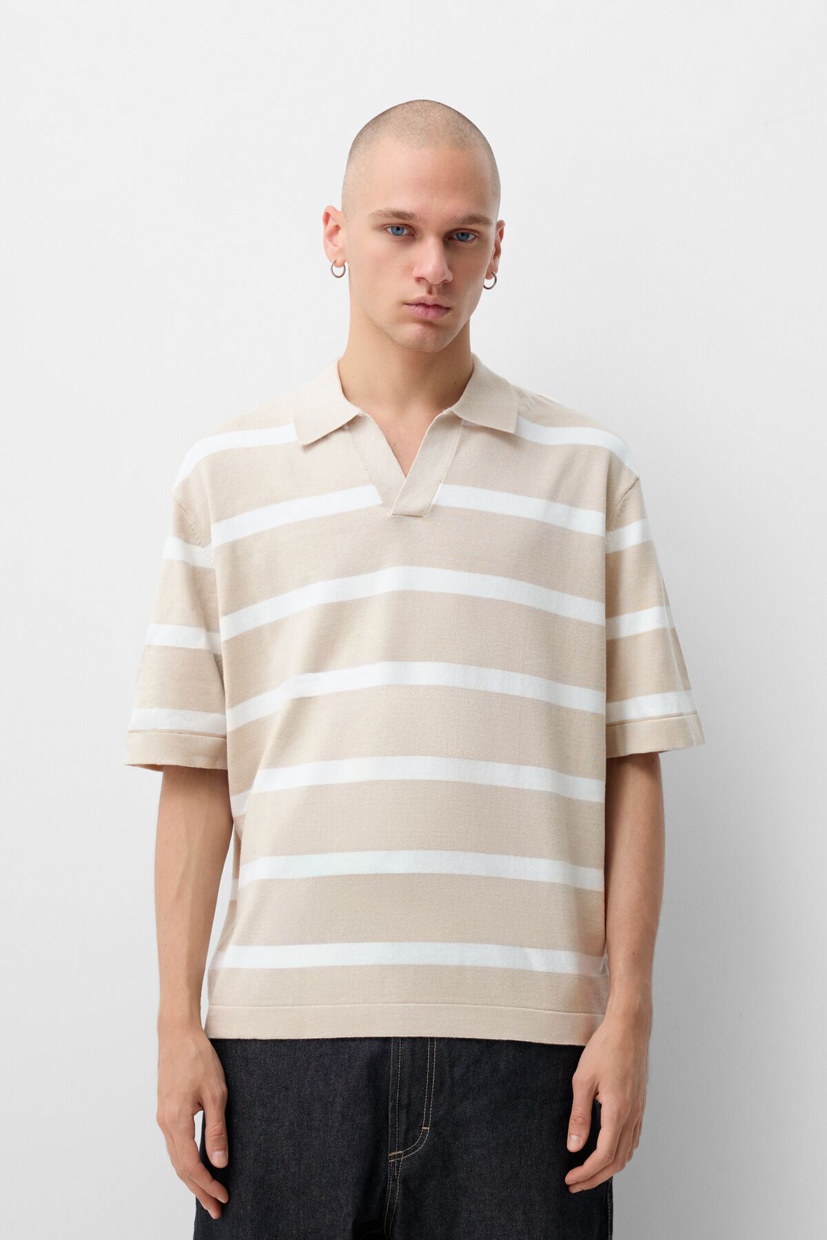 Bershka-Striped Texture Polo Collar T-Shirt 1