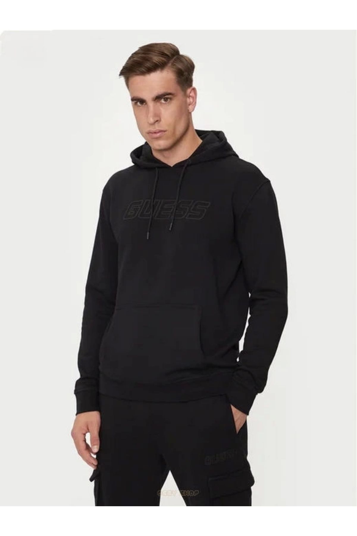 سویشرت مردانه جیبی آلدوین کانگورو مشکی کلاهدار Guess