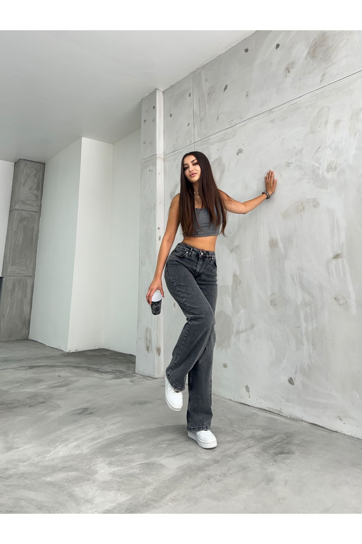 BİKELİFE-Geräucherte, schneegewaschene Palazzo-Jeans mit hoher Taille für Damen 7