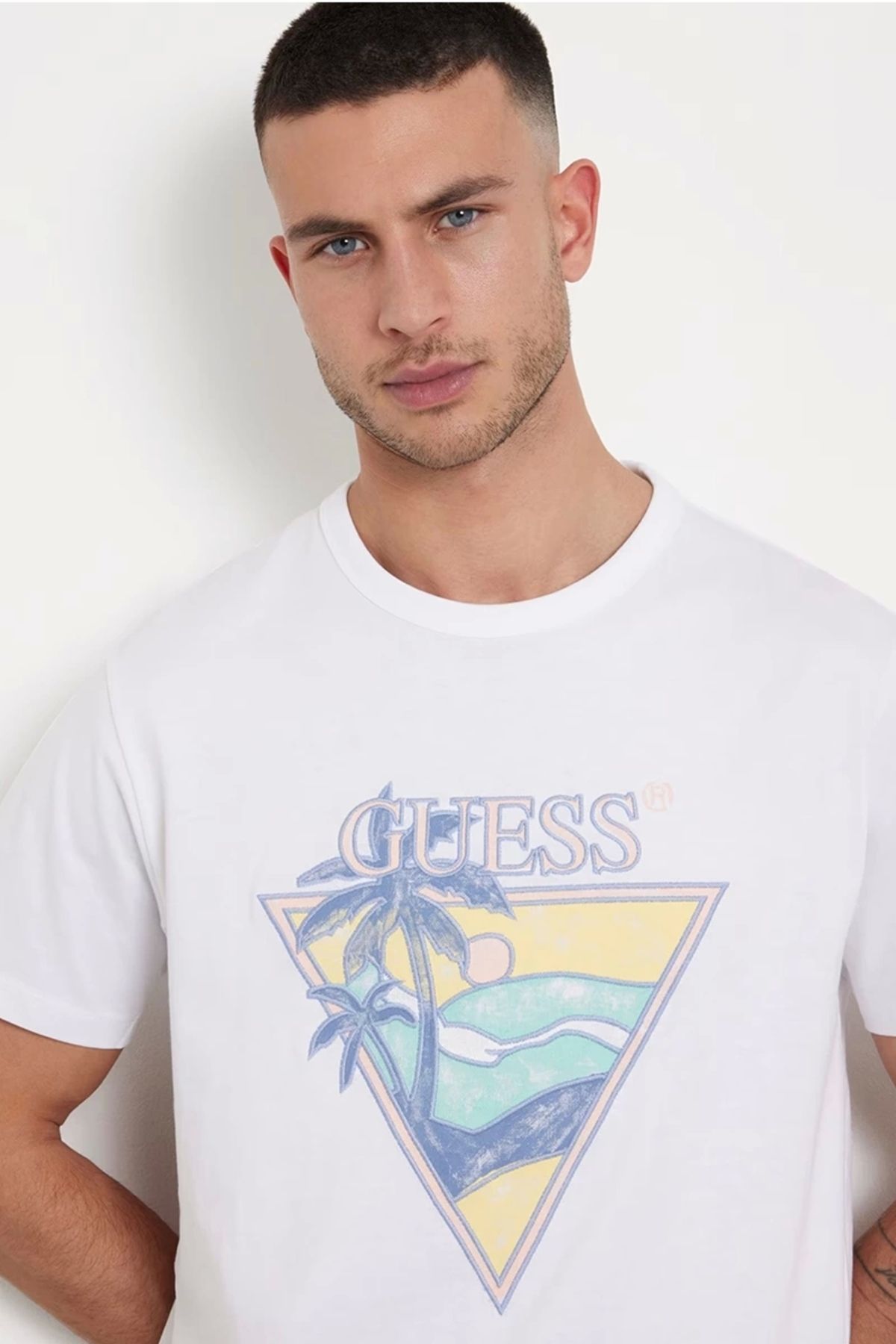تی شرت سفید مردانه یقه دوچرخه طرح دار نر CN Summer Guess