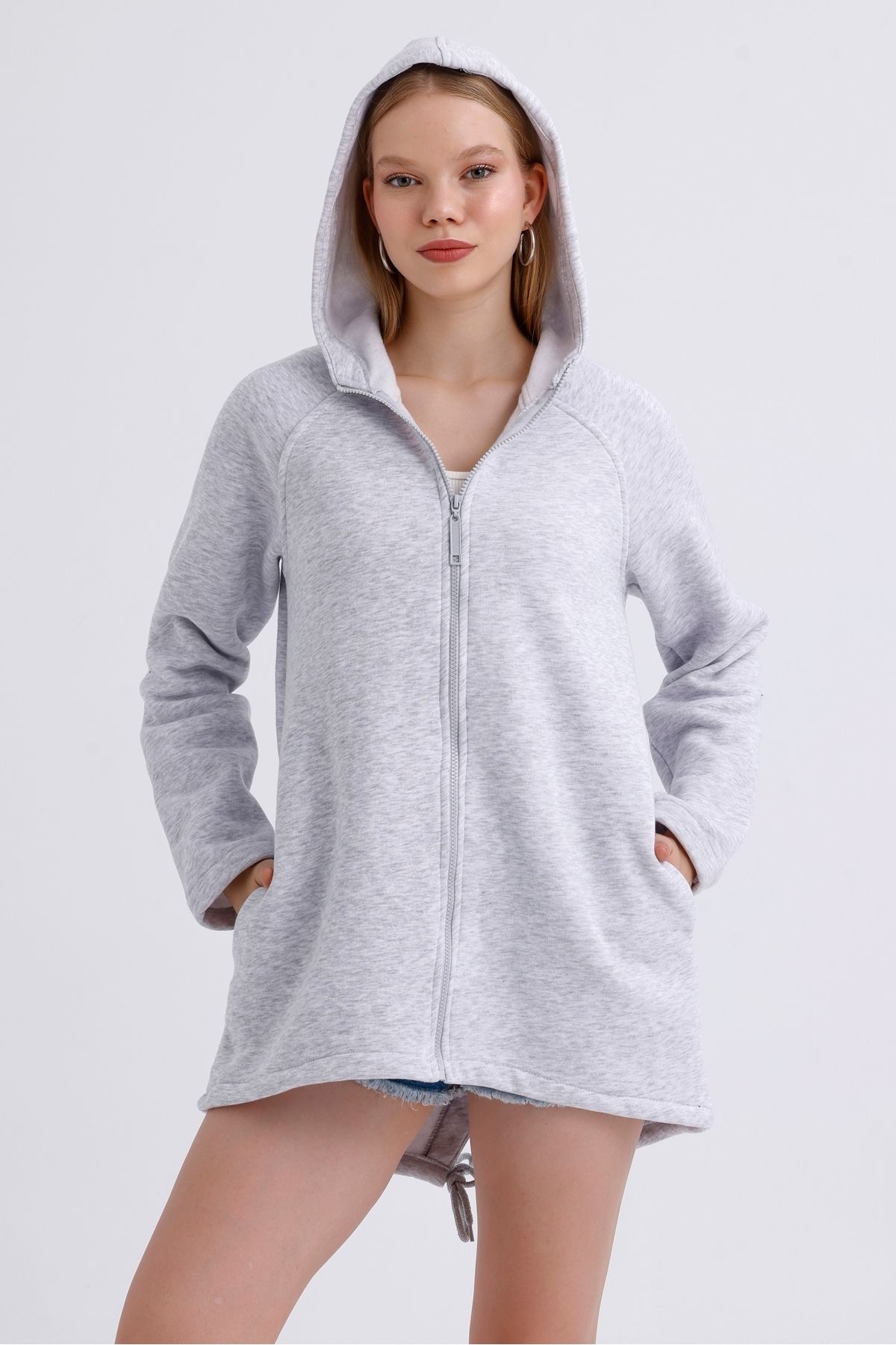 MD trend-Women's Hooded Zipper Closure Asymmetrical Fleece Inside Three Thread Oversize Sweatshirt 2