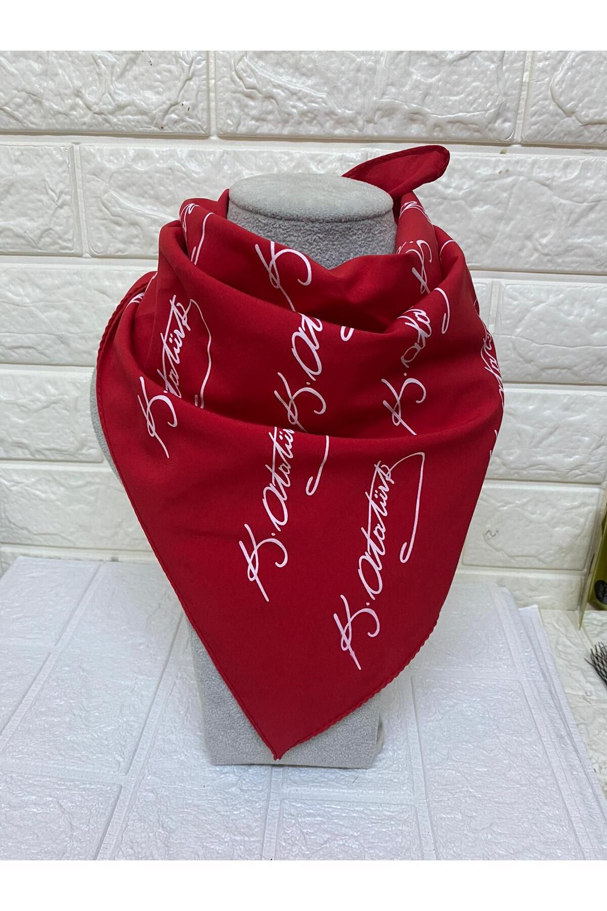 sema aksesuar-Red and White Rayon Scarf with Atatürk Signature - Bandana - 29 October, 23 April, 30 August, 19 May 1