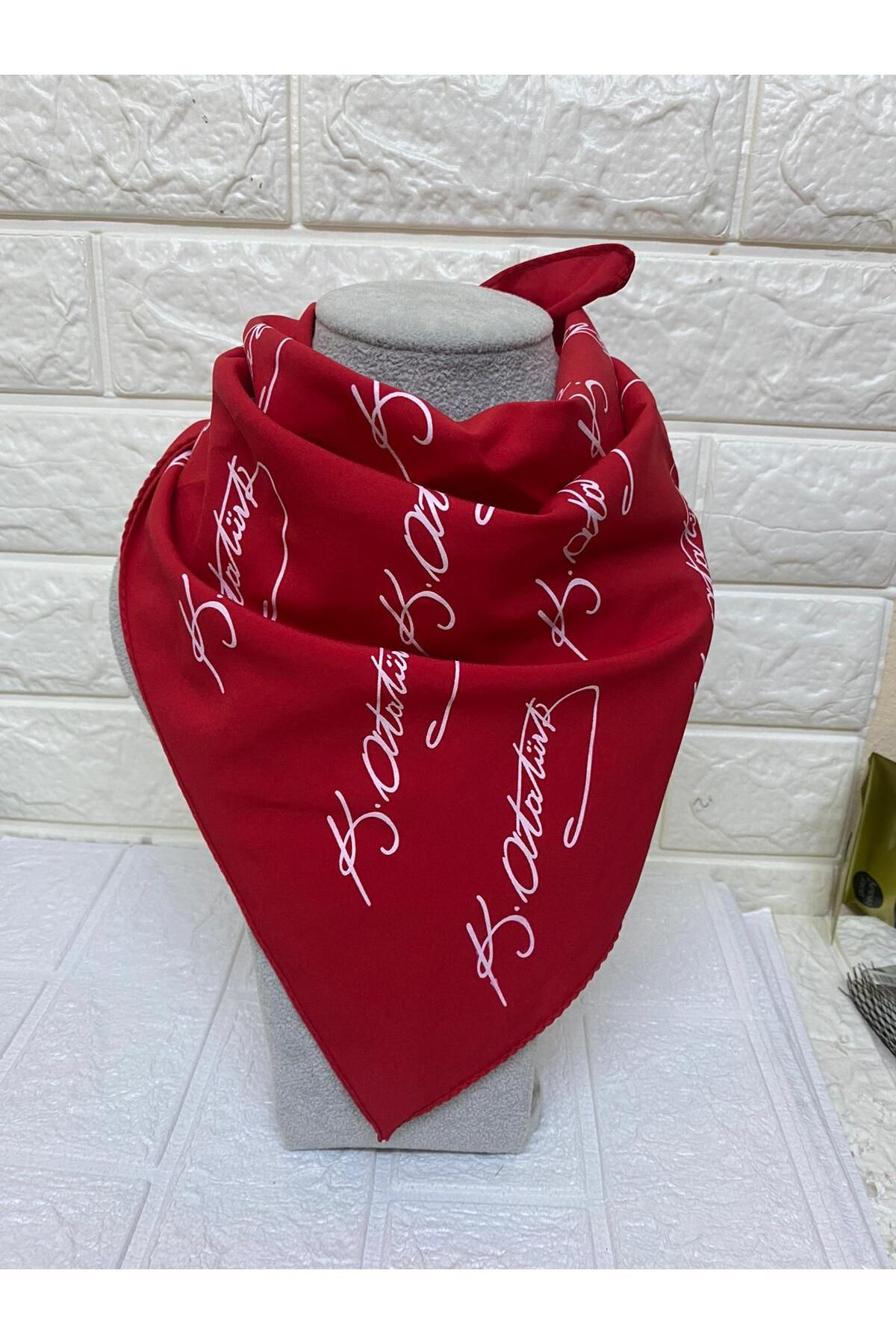 sema aksesuar-Red and White Rayon Scarf with Atatürk Signature - Bandana - 29 October, 23 April, 30 August, 19 May 2