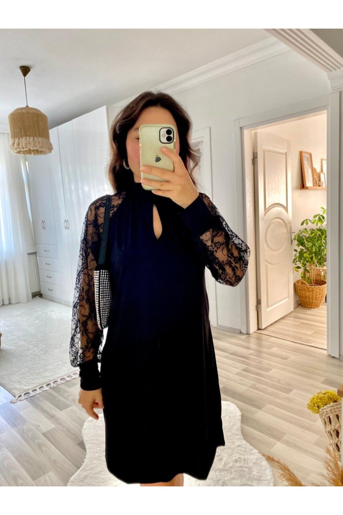 NİDAM BUTİK Kadın Uzun Kollu Tül Detay Sandy Mini Boy Elbise