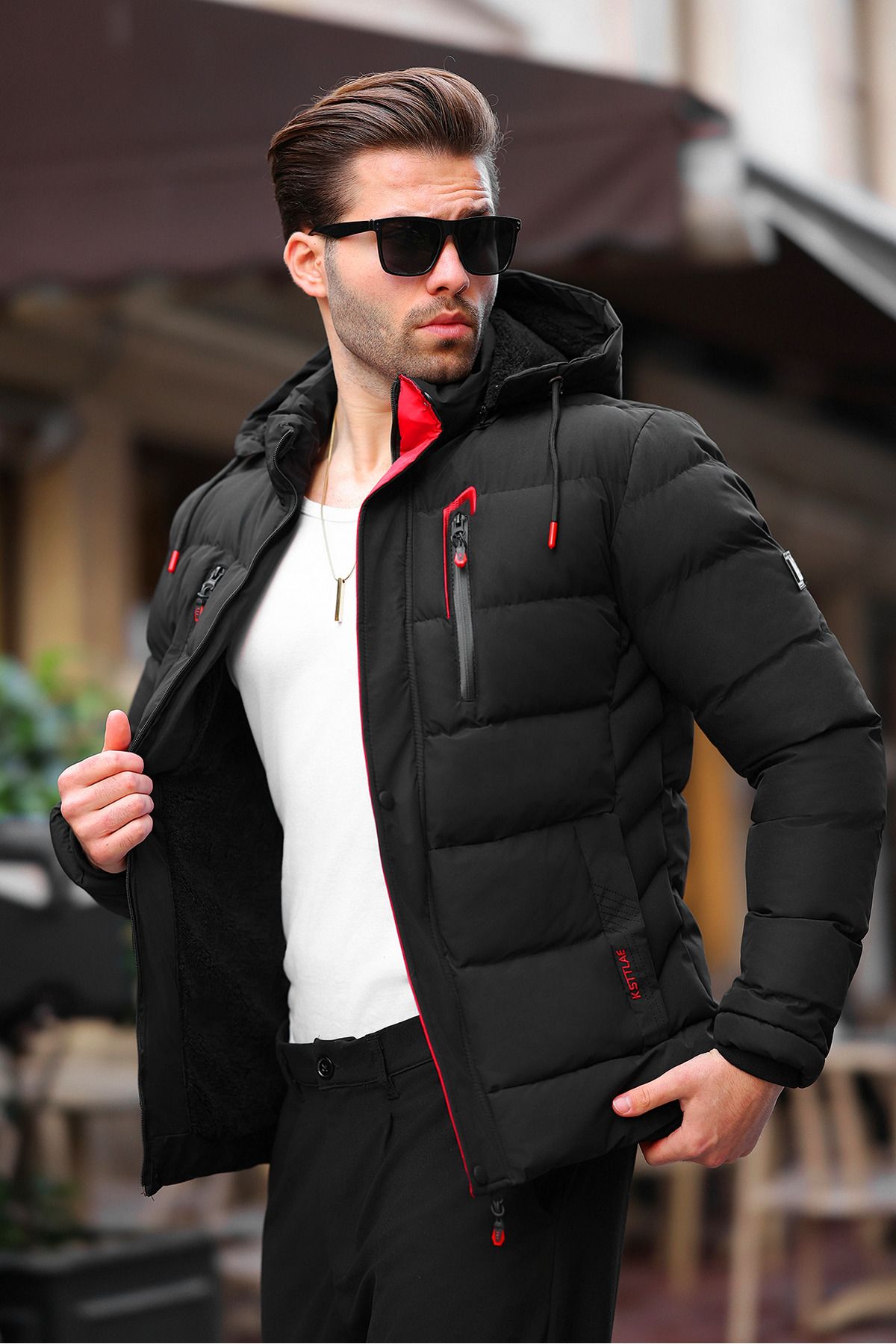 مانتو مردانه MANMARK قرمز با جزئیات کامل Shearling Puffer - کت ضد آب گرم و زمستانی کلاهدار