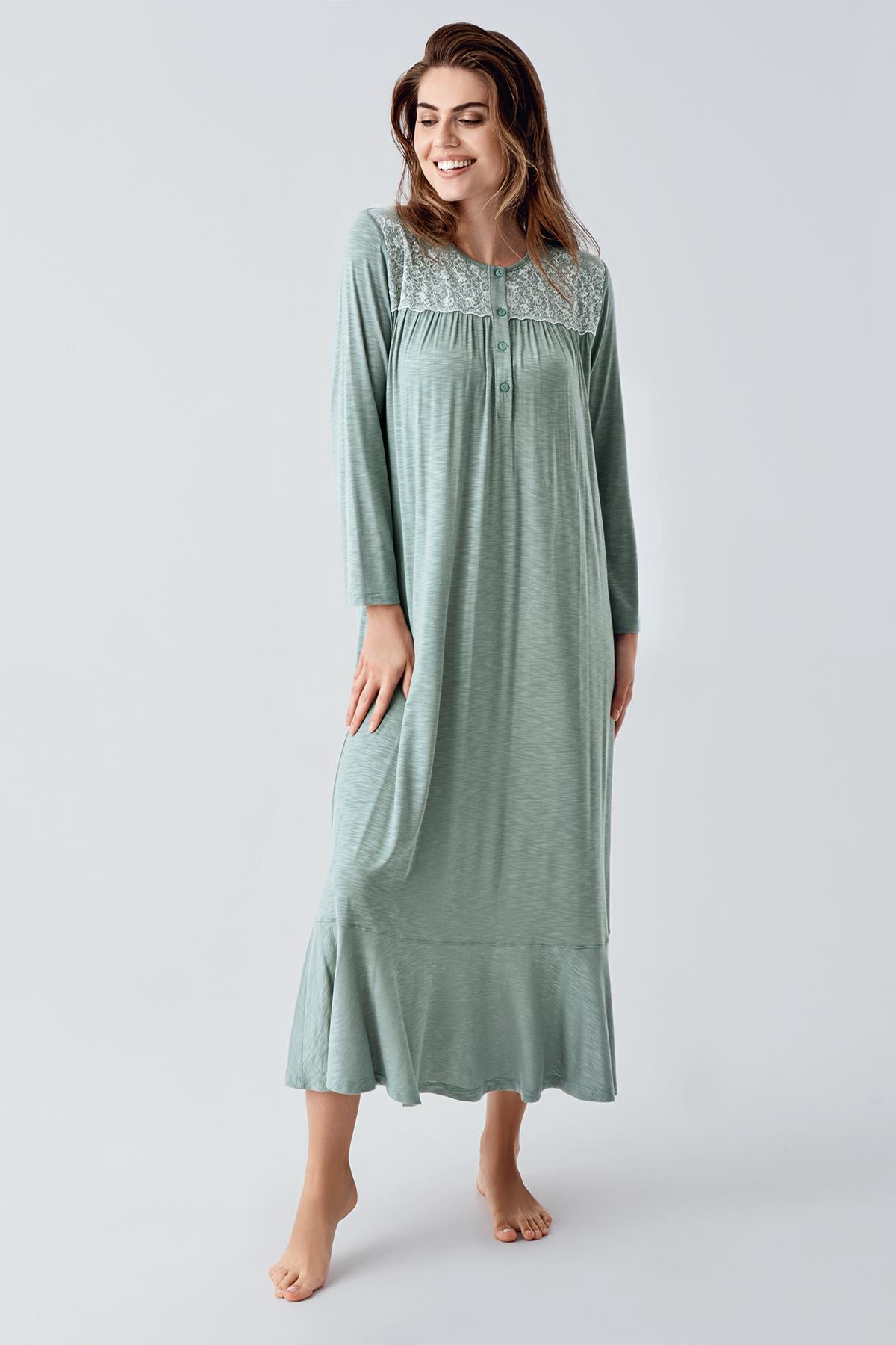 Artış Uzun Kollu Dantelli Düğmeli Esnek Viskoz Gecelik