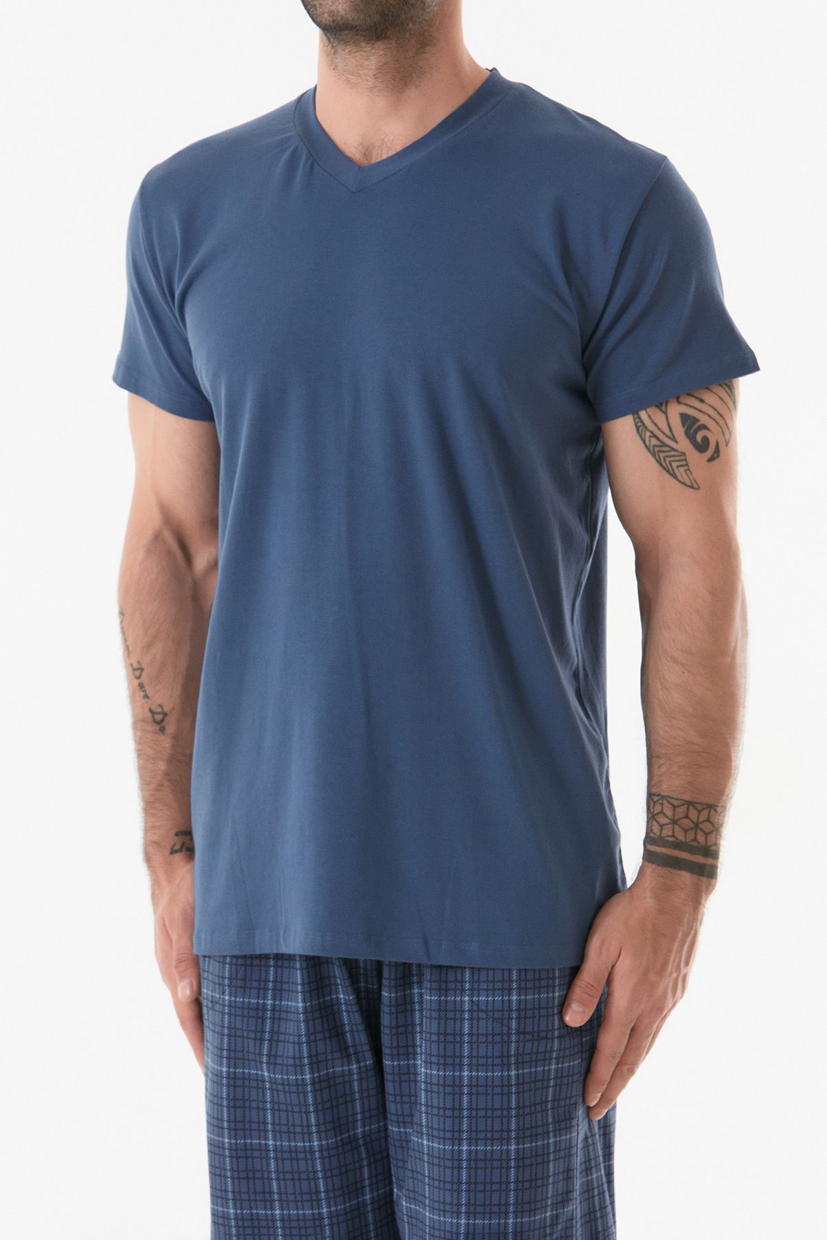 Fulla Moda-V-Neck Plaid Pajama Set 5