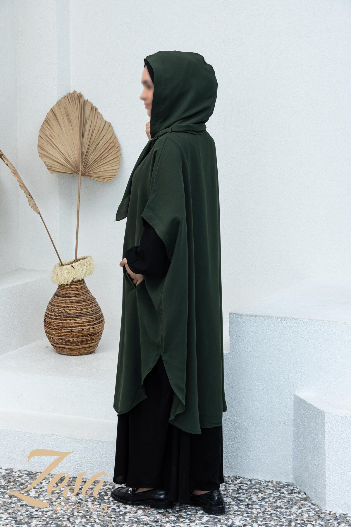 VALENS BOUTİQUE-Summer Crepe Poncho with Removable Hood and Scarf Teseture Poncho 3