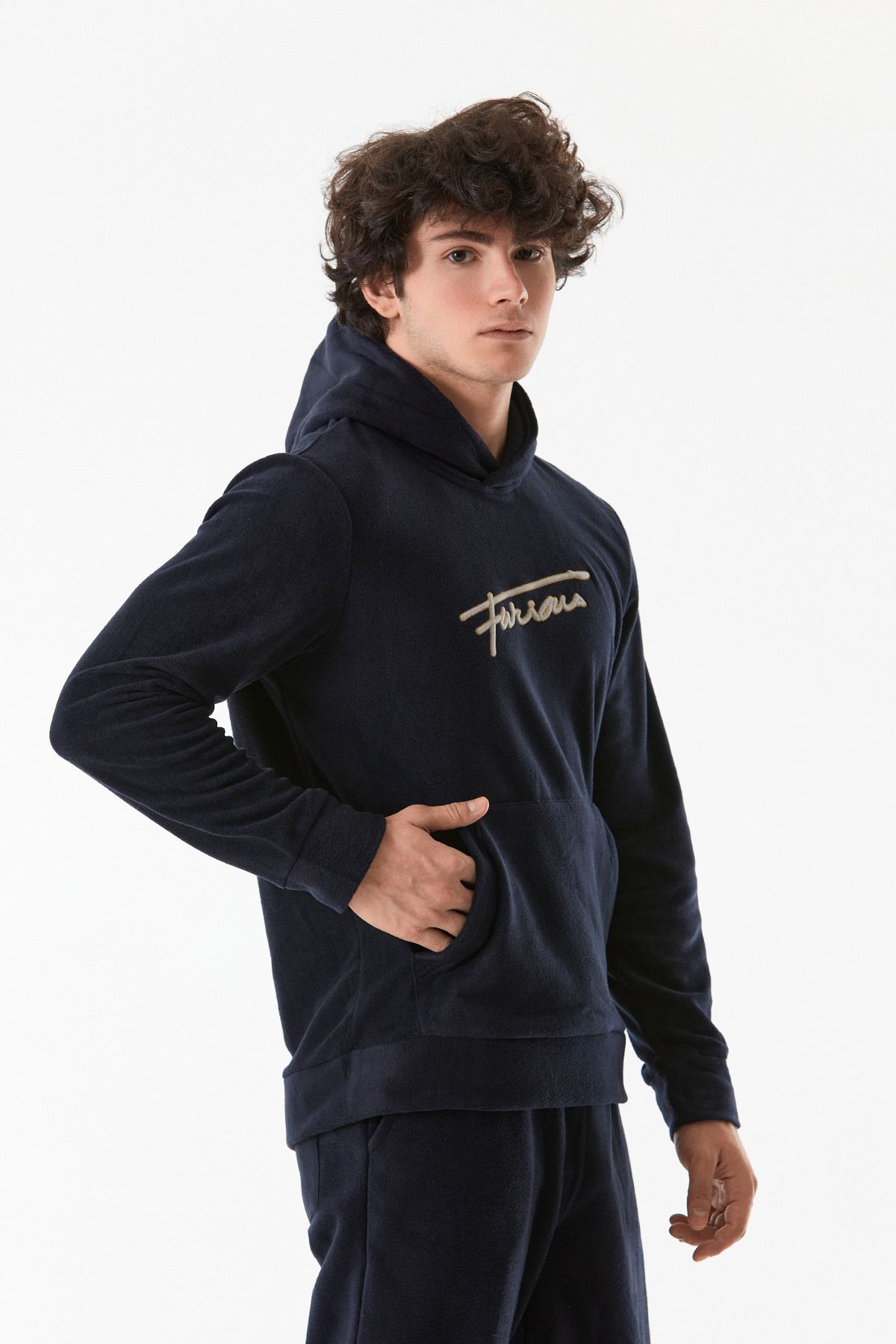 Fulla Moda-Hooded Fleece Sweatshirt - Text Embroidery and Kangaroo Pocket 7