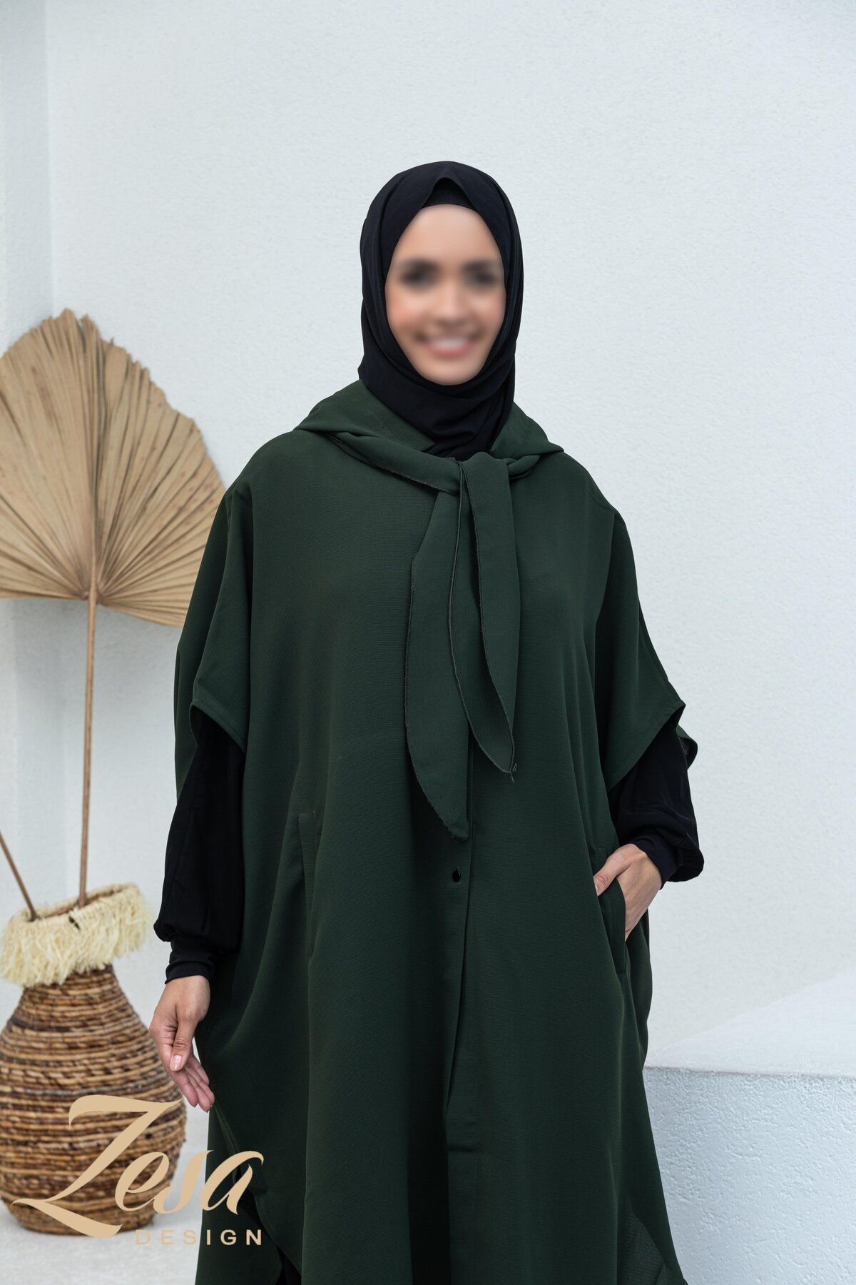 VALENS BOUTİQUE-Summer Crepe Poncho with Removable Hood and Scarf Teseture Poncho 2