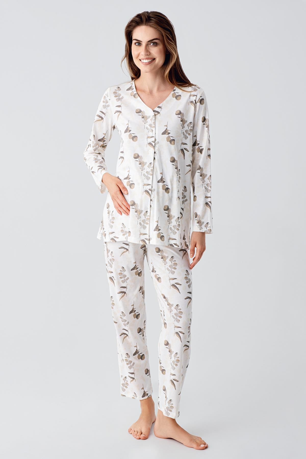 Artış Uzun Kollu Çiçek Desenli Düğmeli Pamuklu Hamile Pijama Takım