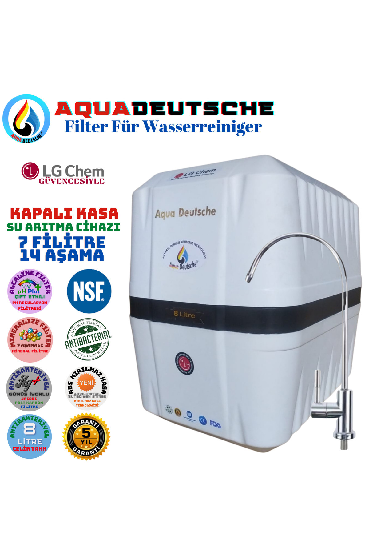 AQUA DEUTSCHE ELEGANCE BEYAZ 7 FİLİTRE 14 AŞAMA 8 LİTRE ALKALİ MİNERAL VE JAKOBİ TATLANDIRICILI SU ARITMA CİHAZI