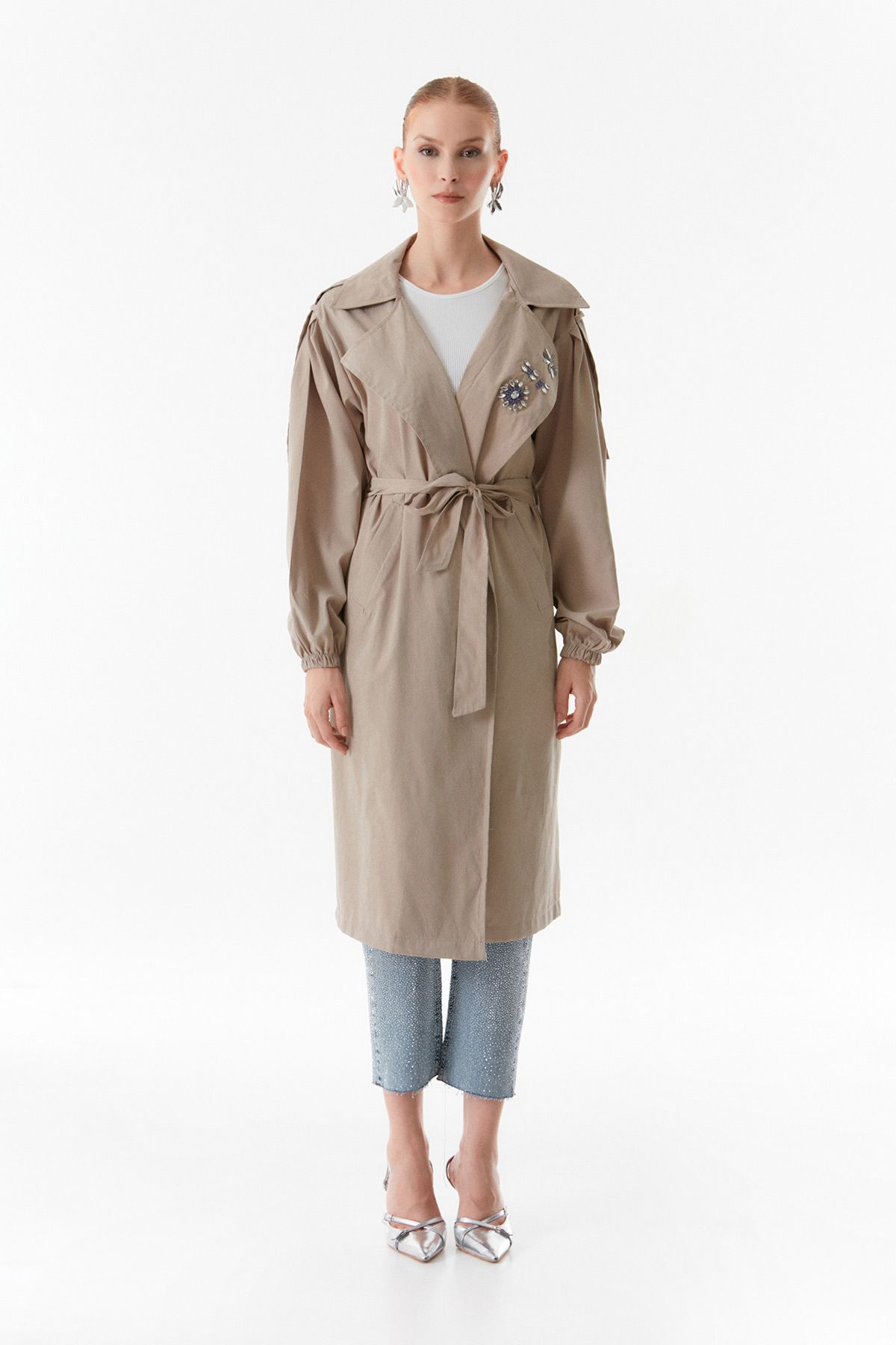 Fulla Moda-Stone Embroidered Double Breasted Collar Trench Coat 8