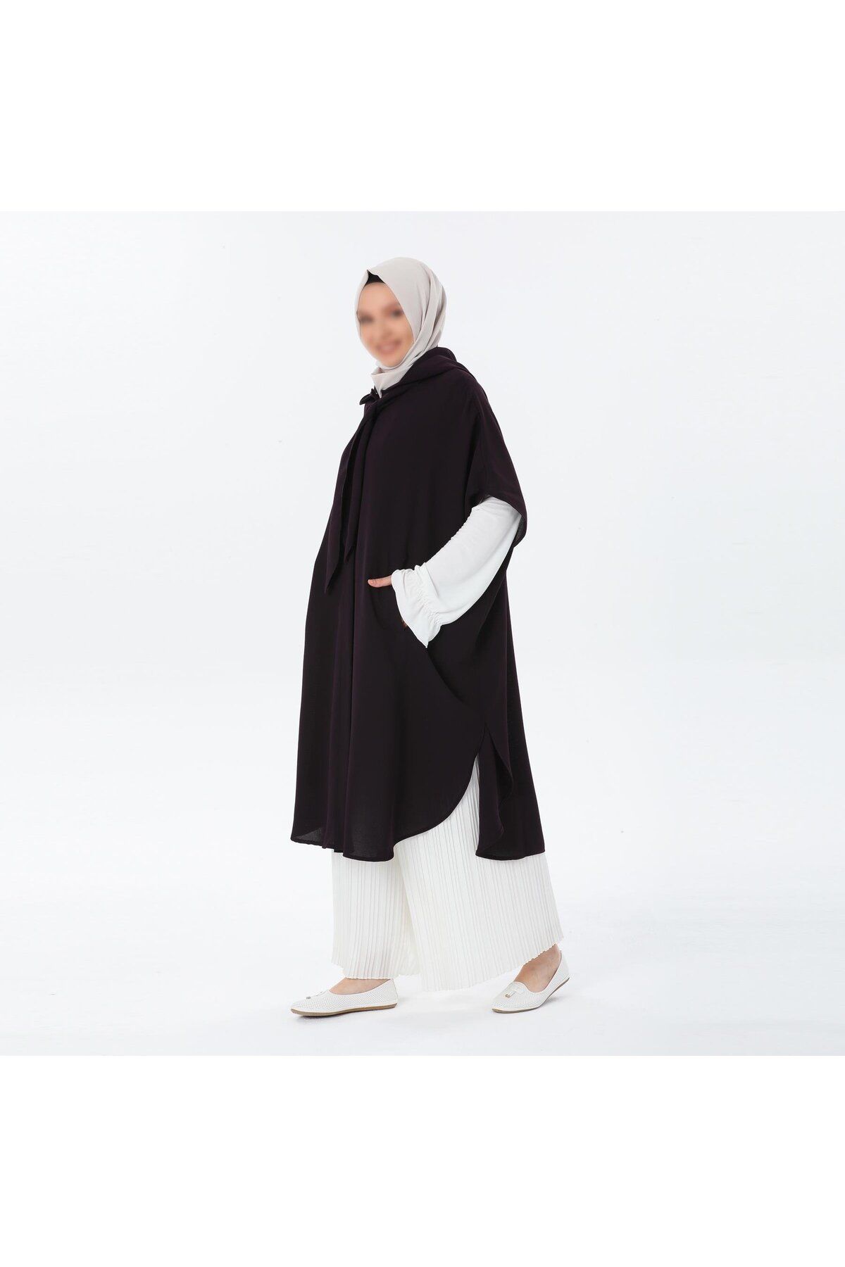 VALENS BOUTİQUE-Summer Crepe Poncho with Removable Hood and Scarf Teseture Poncho 2