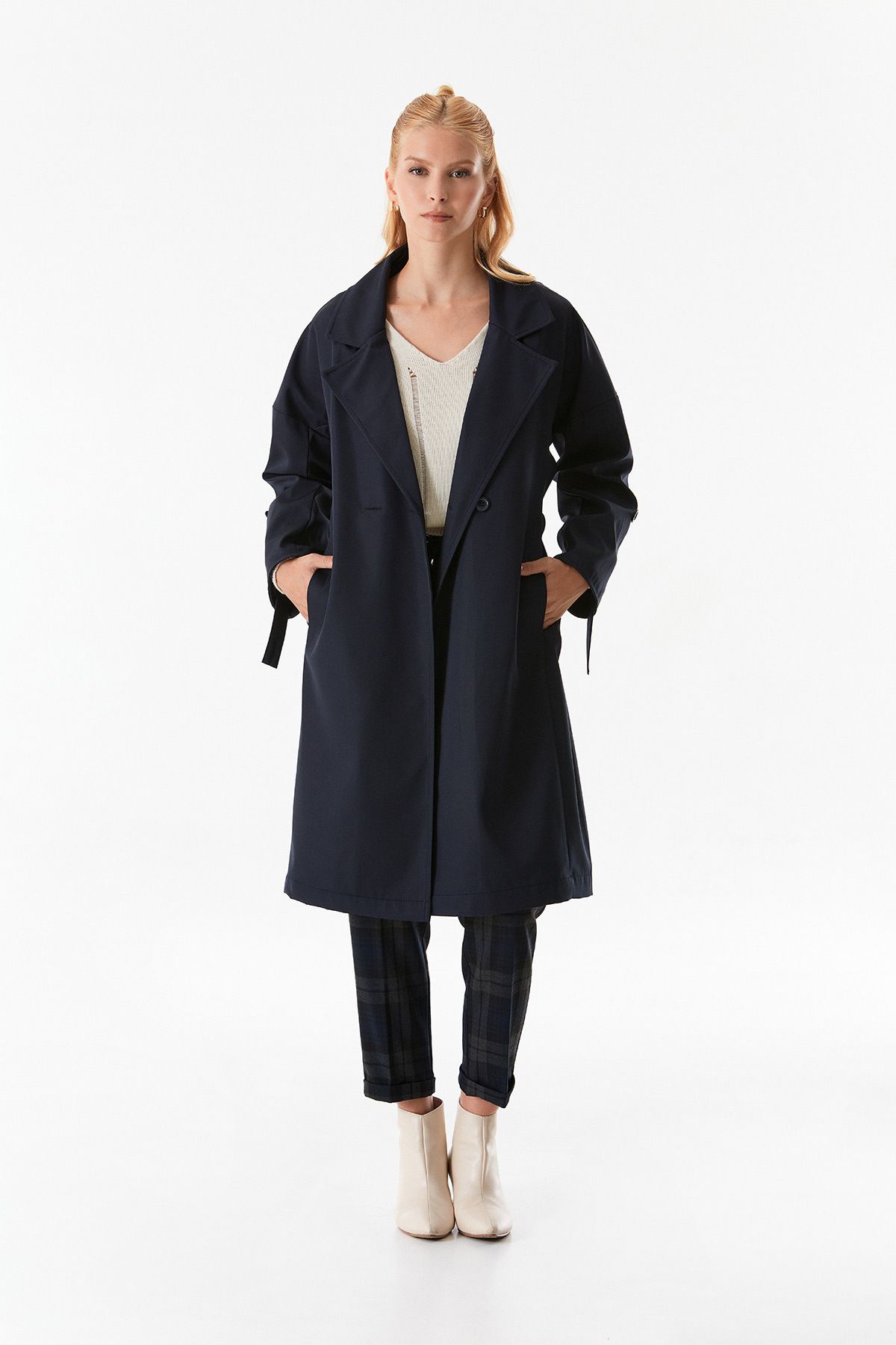 Fulla Moda-Foldable Sleeve and Double Breasted Collar Trench Coat 2