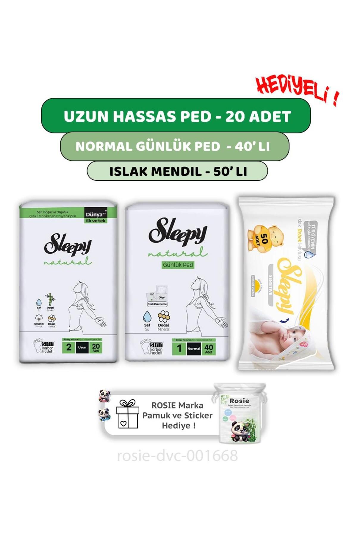 Sleepy Natural Ultra Hassas Uzun Ped 20'li,Günlük Ped 40'lı Sensitive 50'li Mendil ve ROSIE